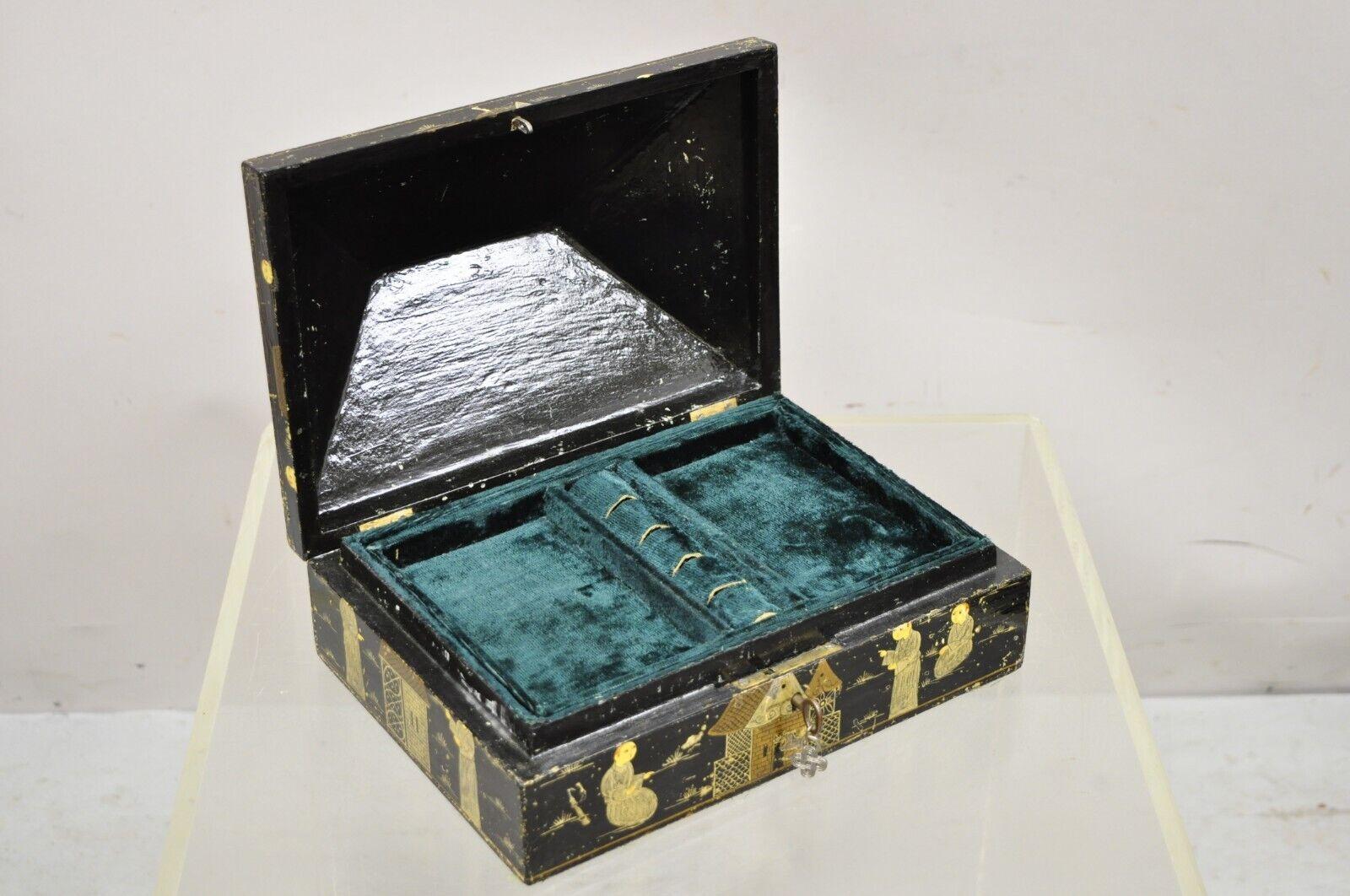 Chinoiserie Vintage Black Lacquer Chinese Oriental Figural Pyramid Pagoda Jewelry Box
