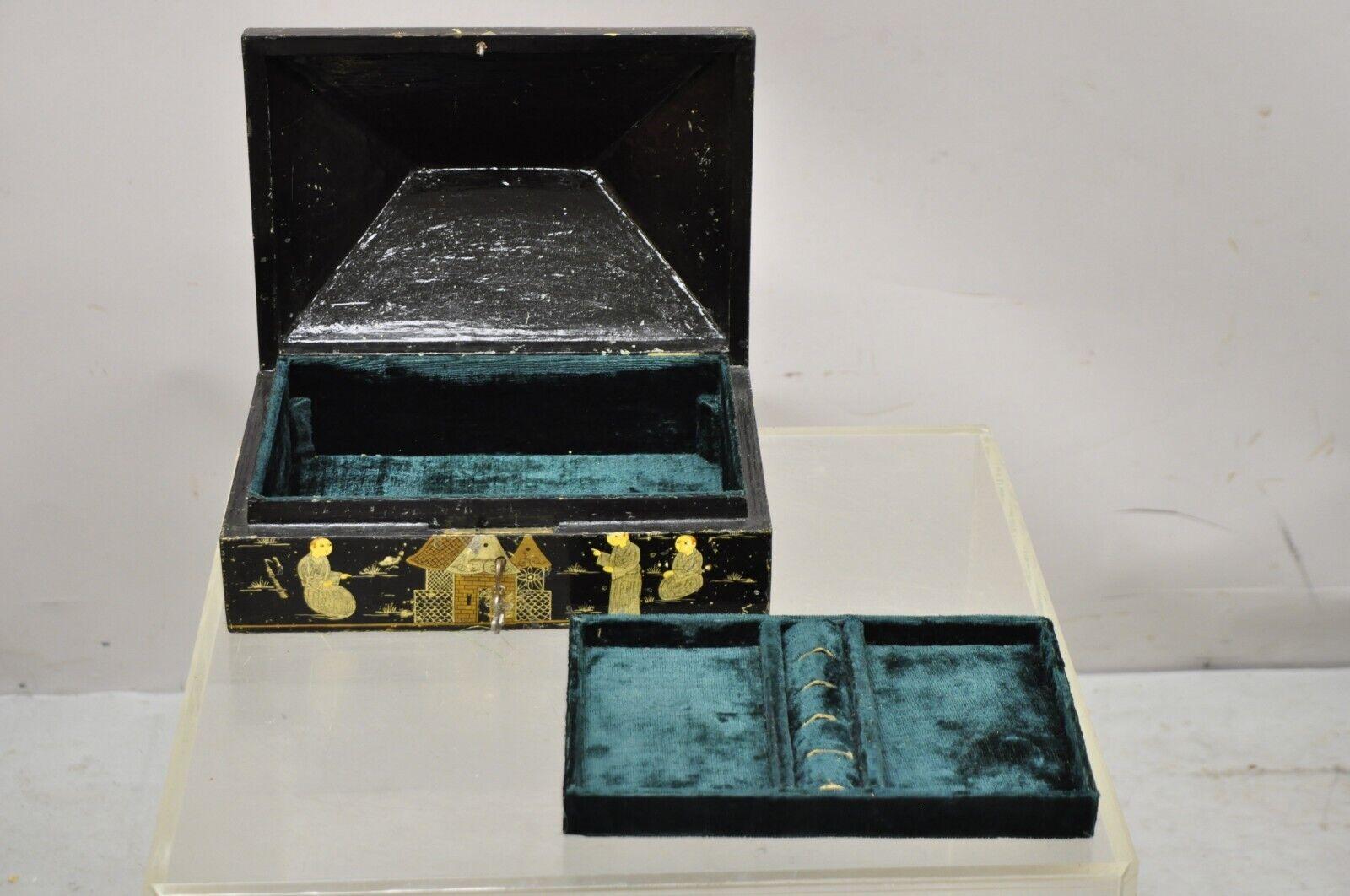 Vintage Black Lacquer Chinese Oriental Figural Pyramid Pagoda Jewelry Box In Good Condition In Philadelphia, PA