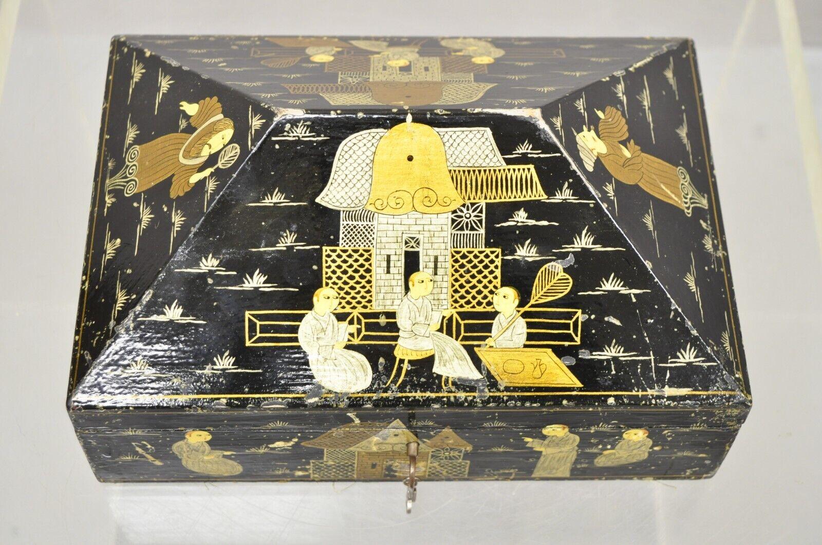 20th Century Vintage Black Lacquer Chinese Oriental Figural Pyramid Pagoda Jewelry Box