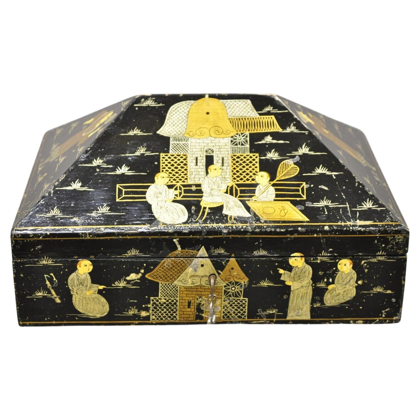 Vintage Black Lacquer Chinese Oriental Figural Pyramid Pagoda Jewelry Box