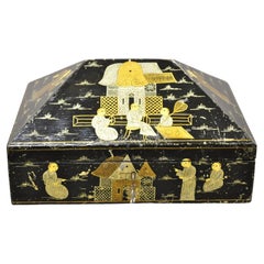 Antique Black Lacquer Chinese Oriental Figural Pyramid Pagoda Jewelry Box