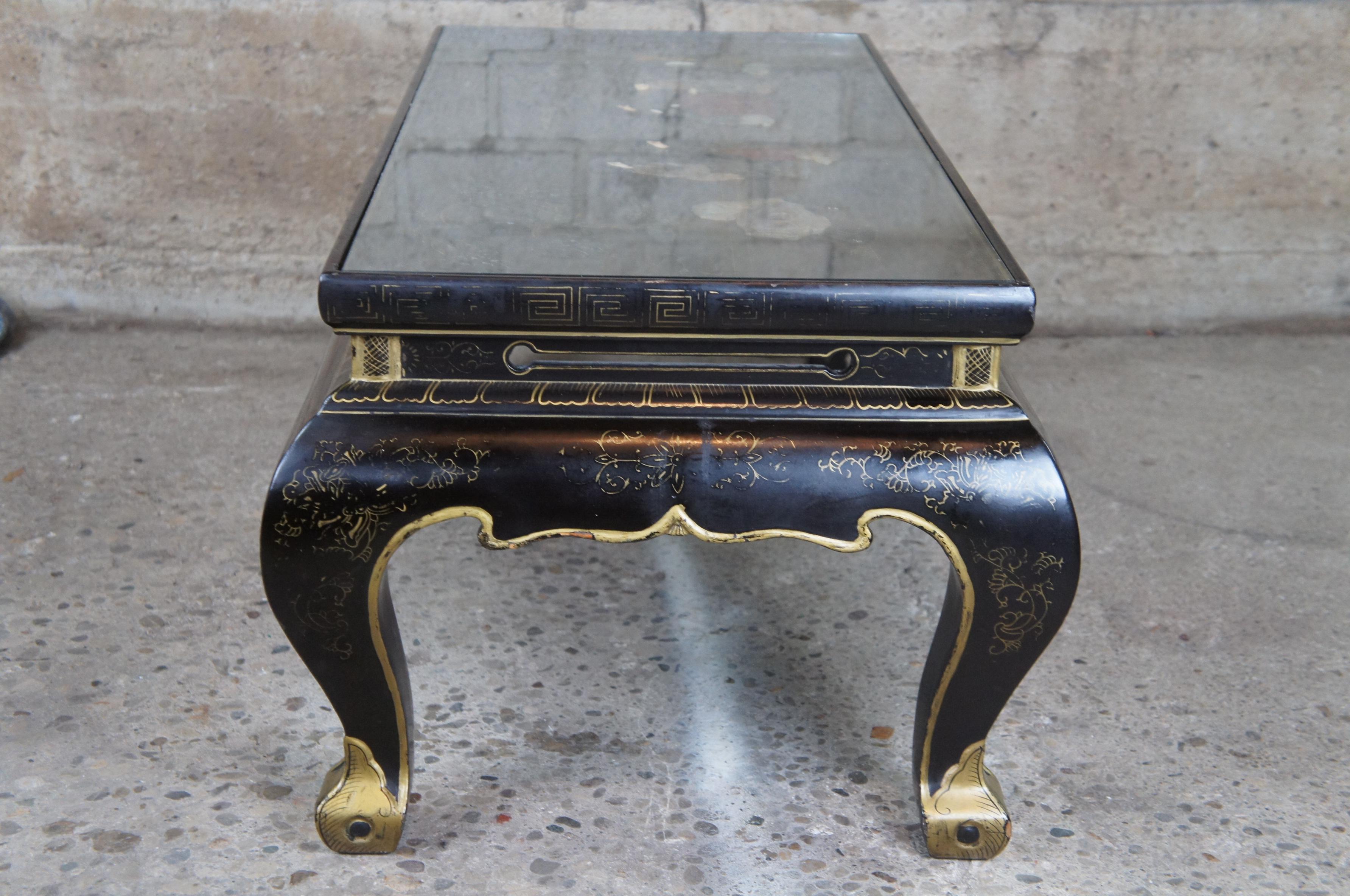 Vintage Black Lacquer Chinese Tea Coffee Table Inlaid Soapstone Geishas Oriental 2