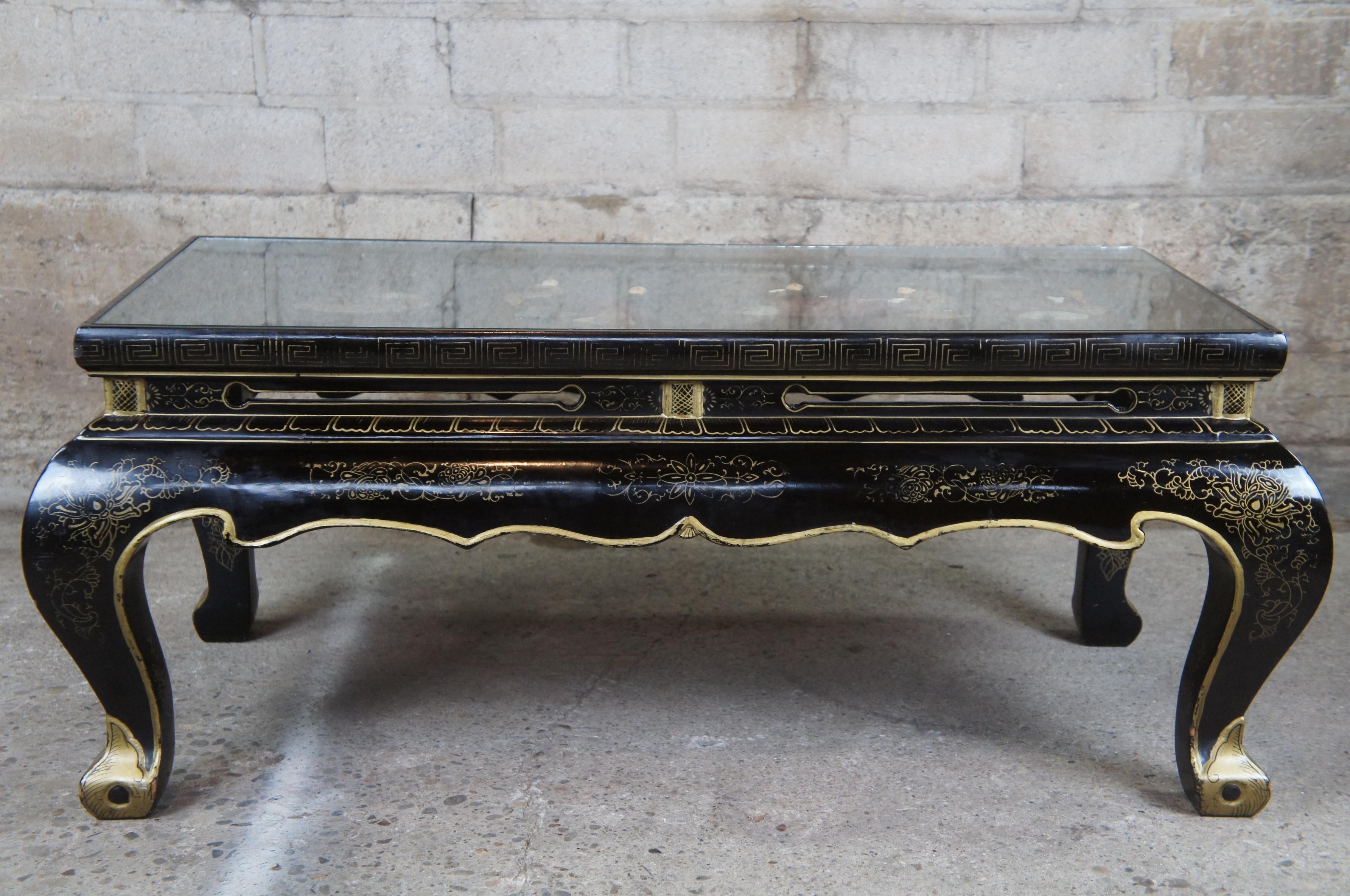Chinoiserie Vintage Black Lacquer Chinese Tea Coffee Table Inlaid Soapstone Geishas Oriental