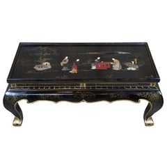 Vintage Black Lacquer Chinese Tea Coffee Table Inlaid Soapstone Geishas Oriental