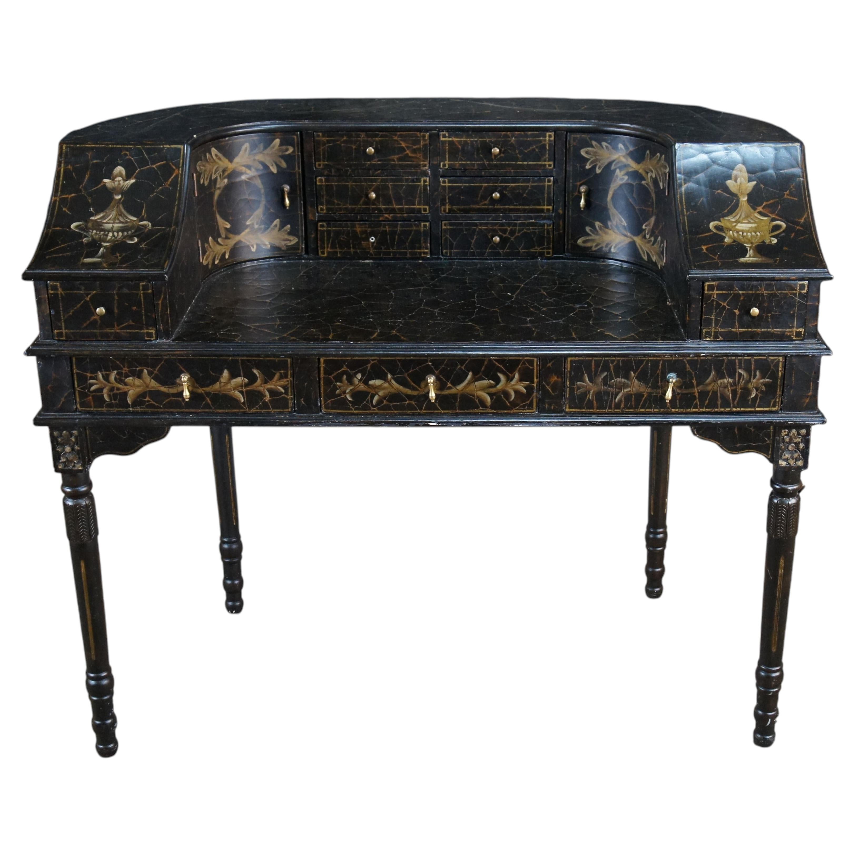 Vintage Black Lacquer Chinoiserie Carlton House Neoclassical Writing Desk