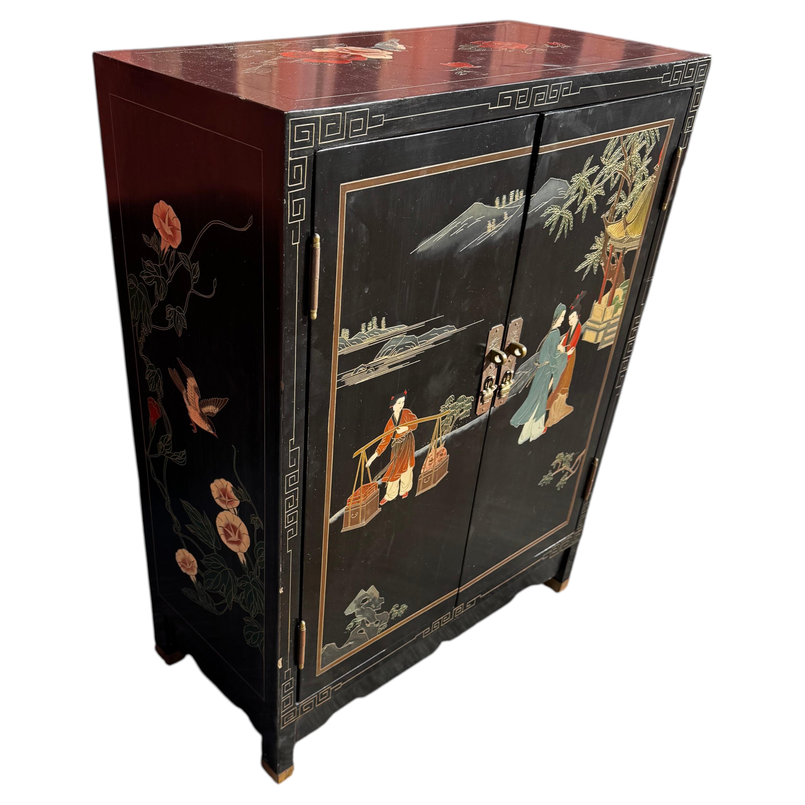 Vintage Black Lacquer Chinoiserie Painted Cabinet with Greek Key Accents