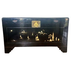Vintage Black Lacquer Chinoiserie Wedding Chest With Mother of Pearl Inlay