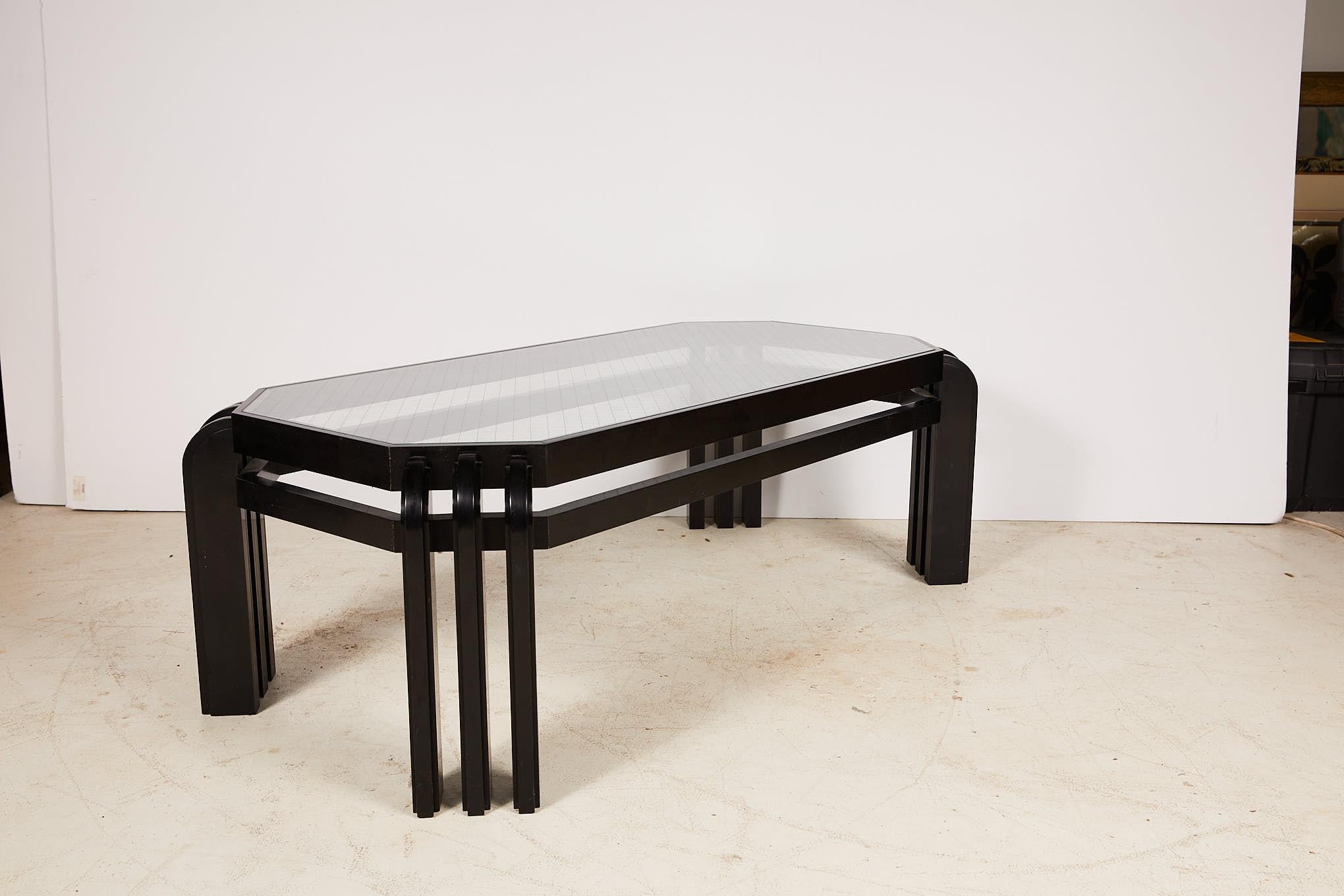 Vintage Black Lacquer Cocktail Table with a Wired Glass Top 5