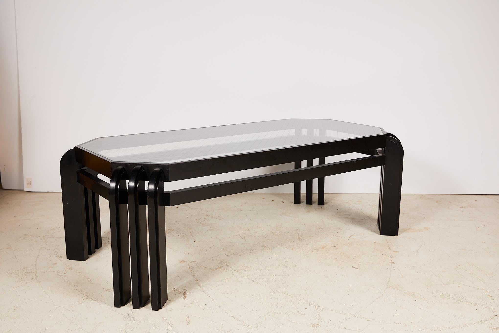 Vintage Black Lacquer Cocktail Table with a Wired Glass Top 12