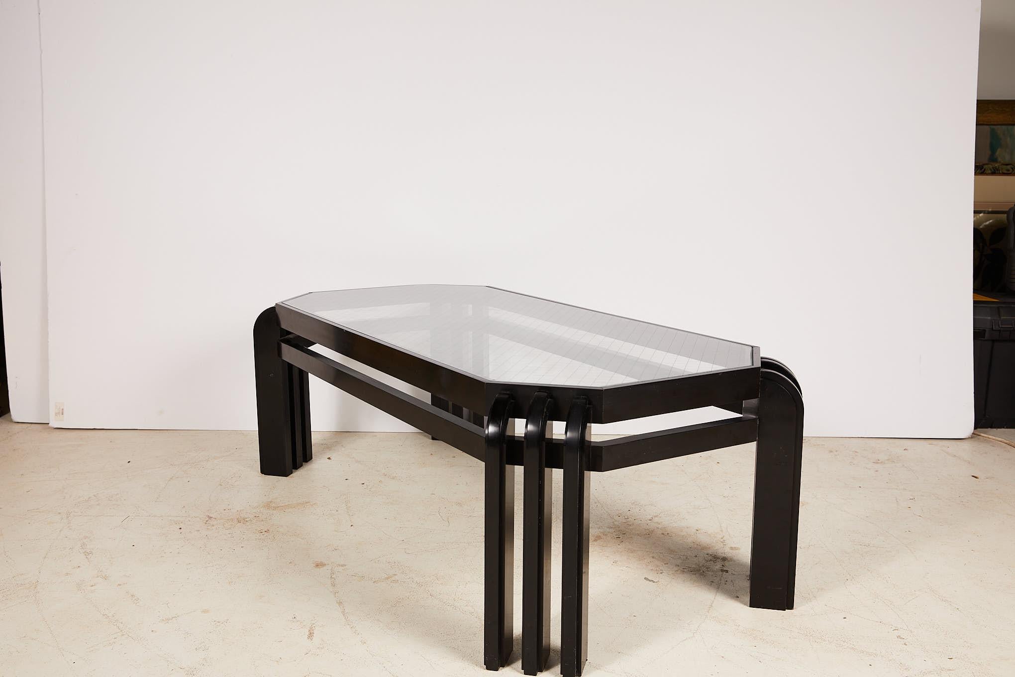 Art Deco Vintage Black Lacquer Cocktail Table with a Wired Glass Top