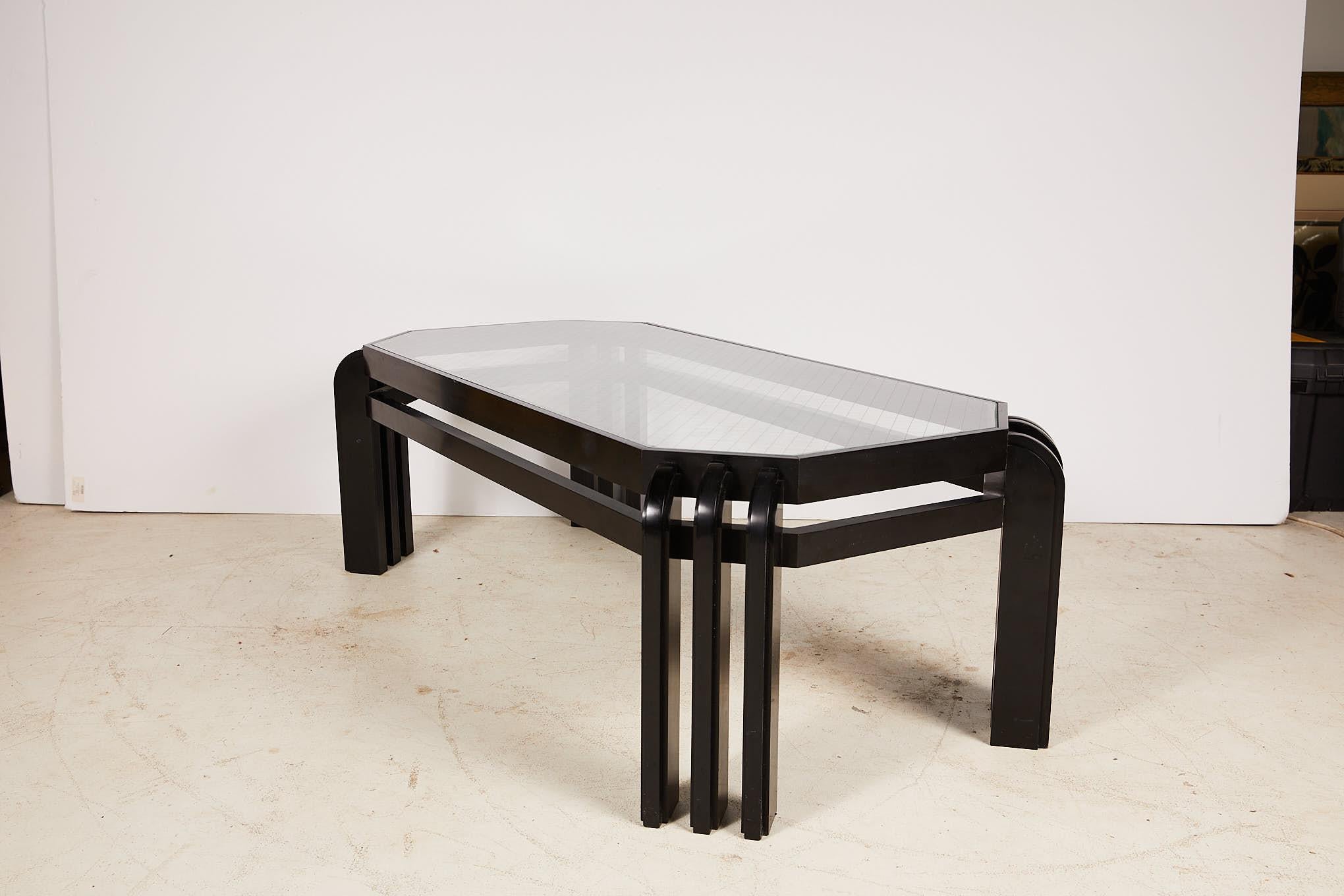 20th Century Vintage Black Lacquer Cocktail Table with a Wired Glass Top