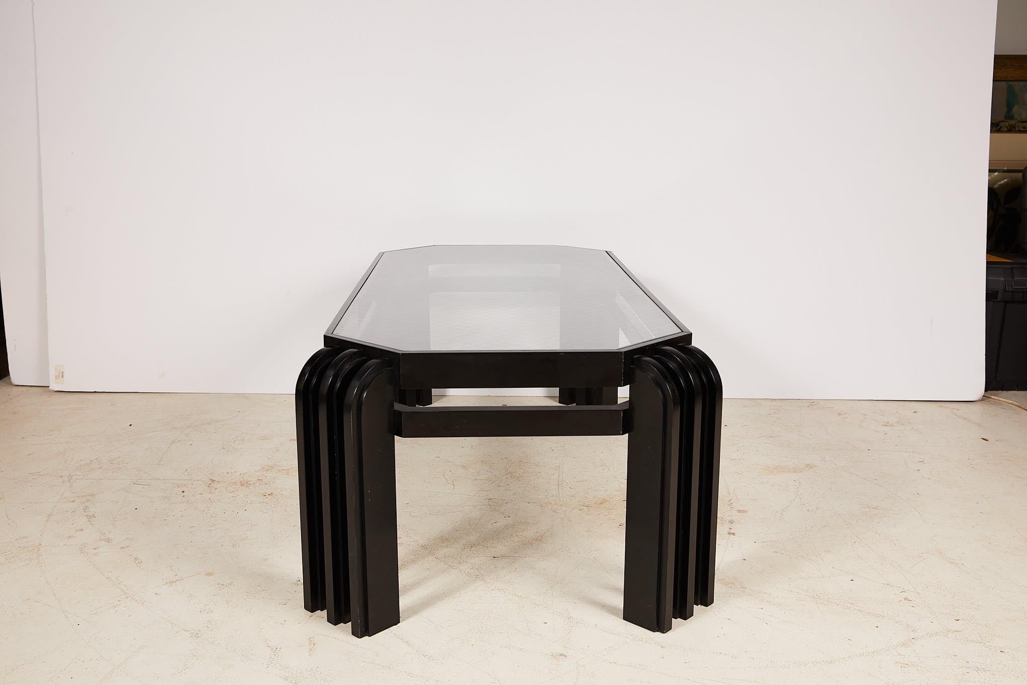 Vintage Black Lacquer Cocktail Table with a Wired Glass Top 1