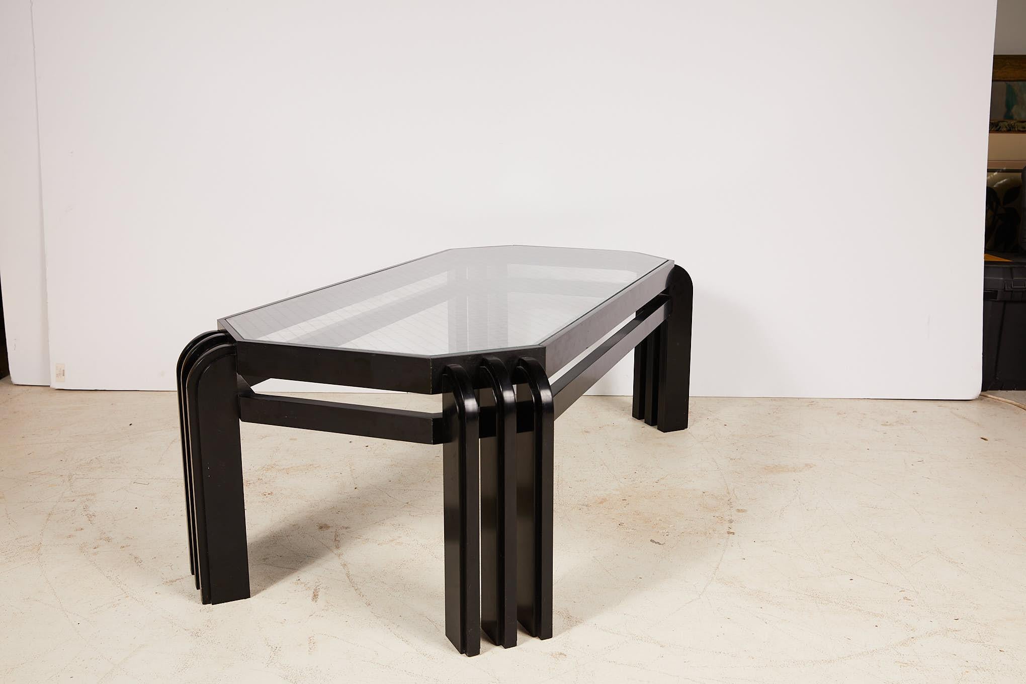 Vintage Black Lacquer Cocktail Table with a Wired Glass Top 2