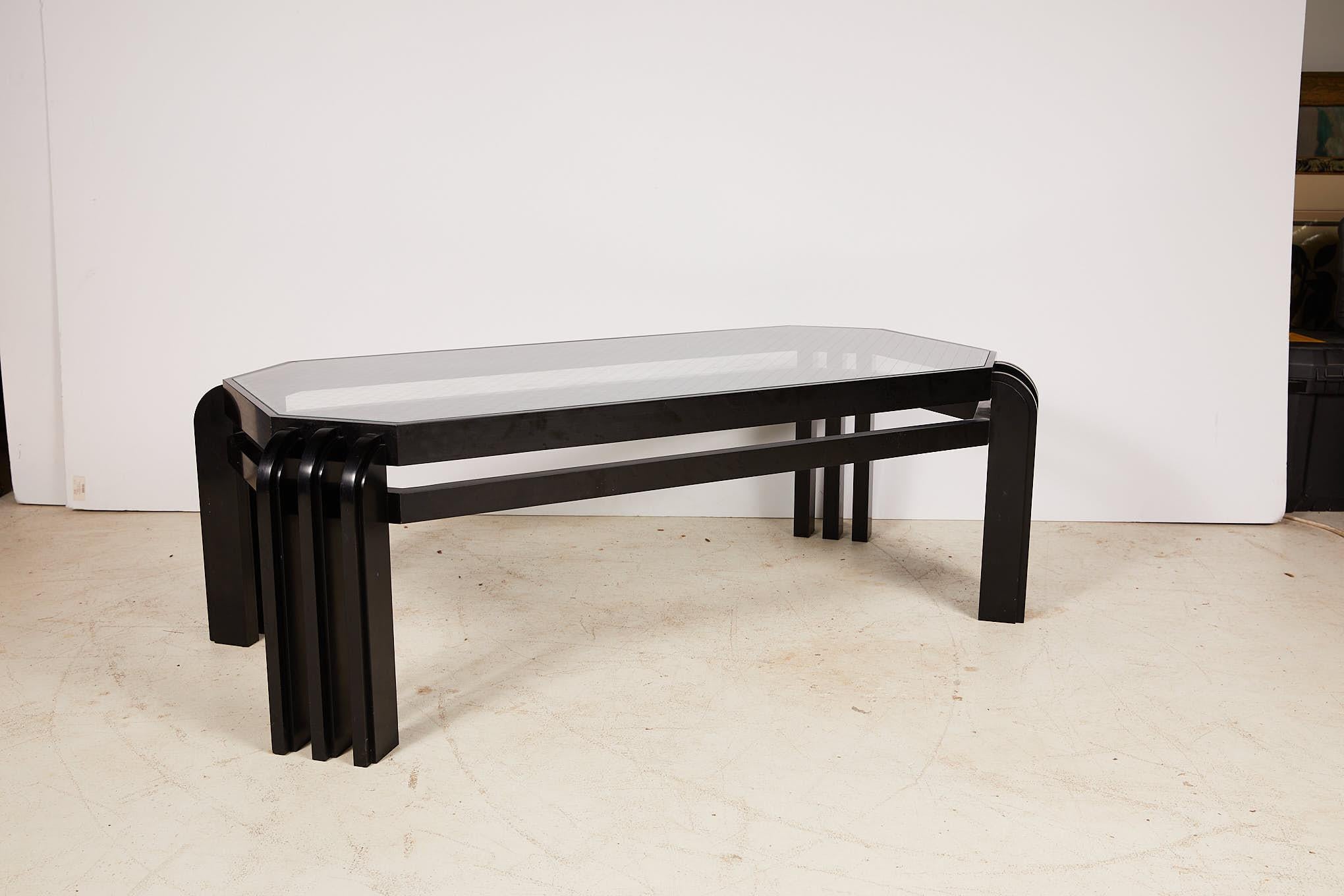 Vintage Black Lacquer Cocktail Table with a Wired Glass Top 4