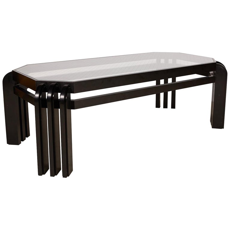 Vintage Black Lacquer Cocktail Table with a Wired Glass Top at 1stDibs