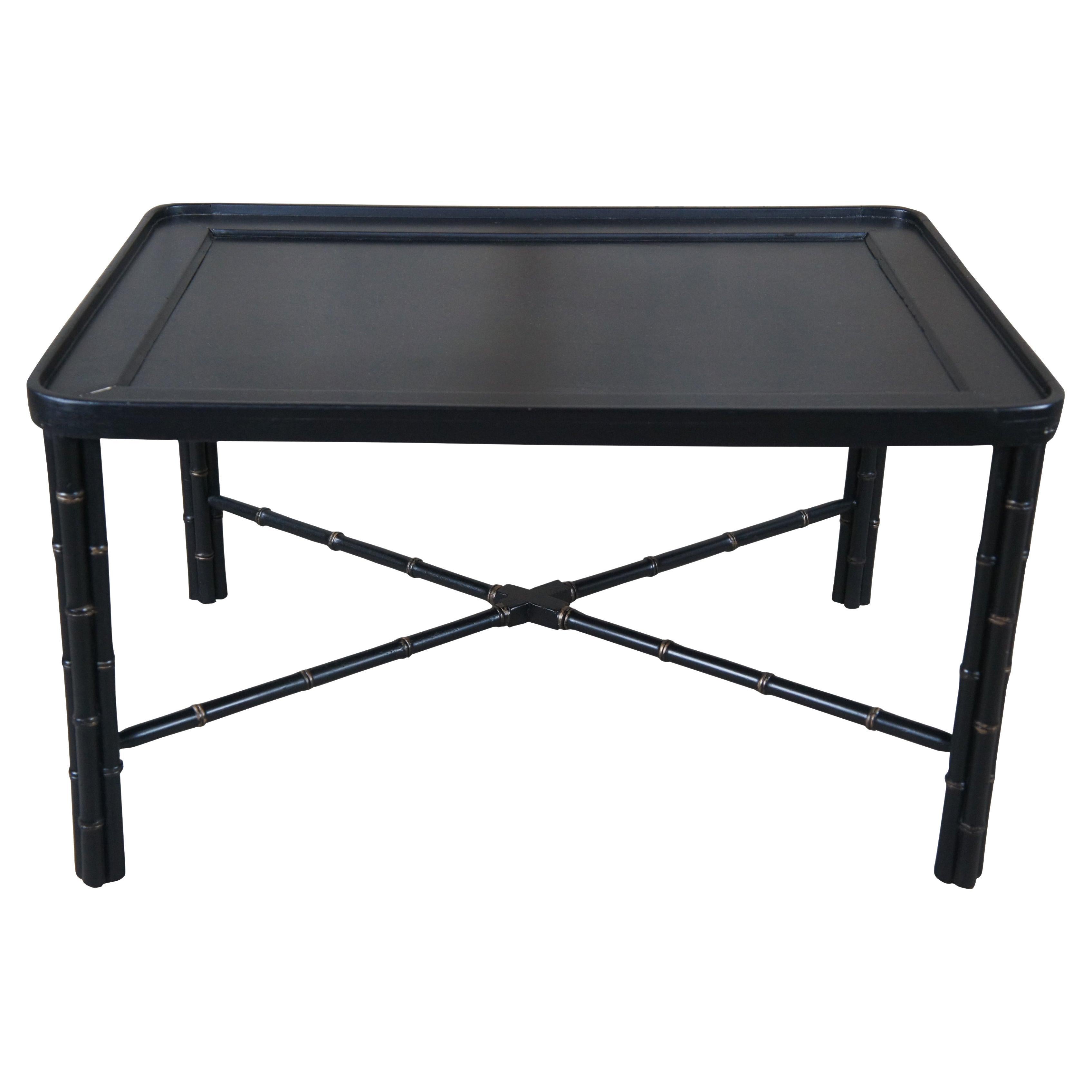 Vintage Black Lacquer Faux Bamboo Chinoiserie Regency Coffee Cocktail Table 29" For Sale