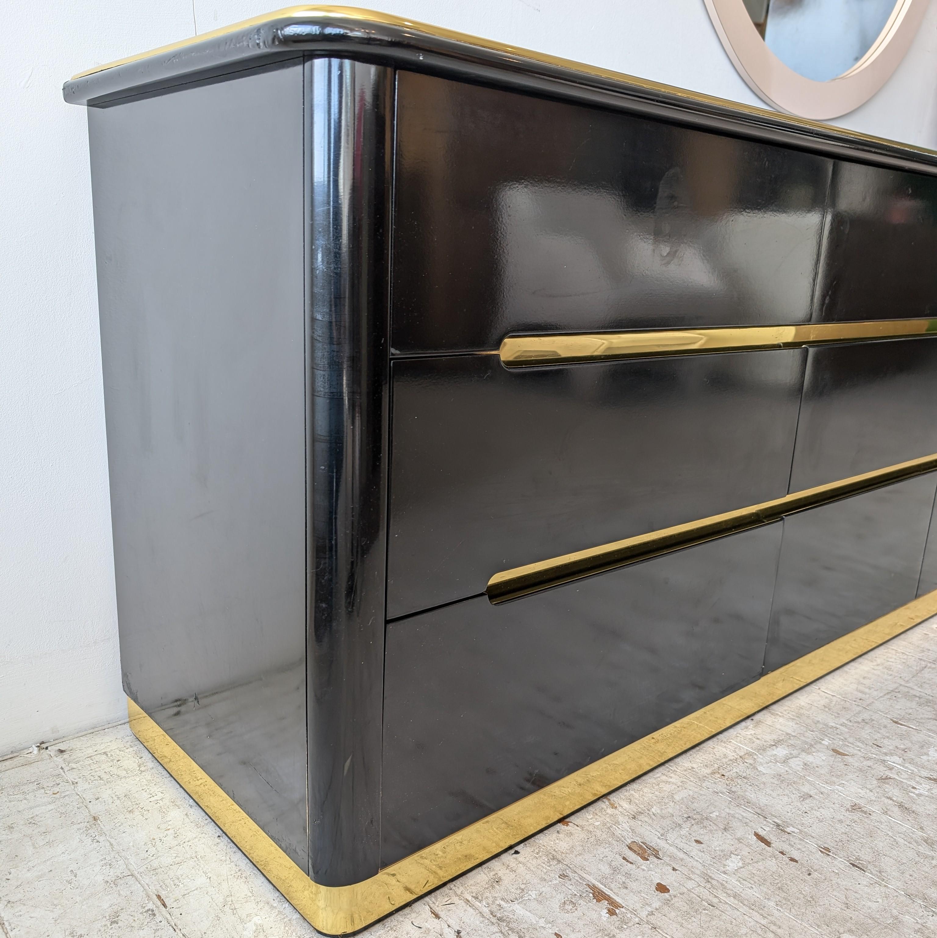 Vintage black lacquer & gold deco revival sideboard with drawers, by Lane, 1980s 4