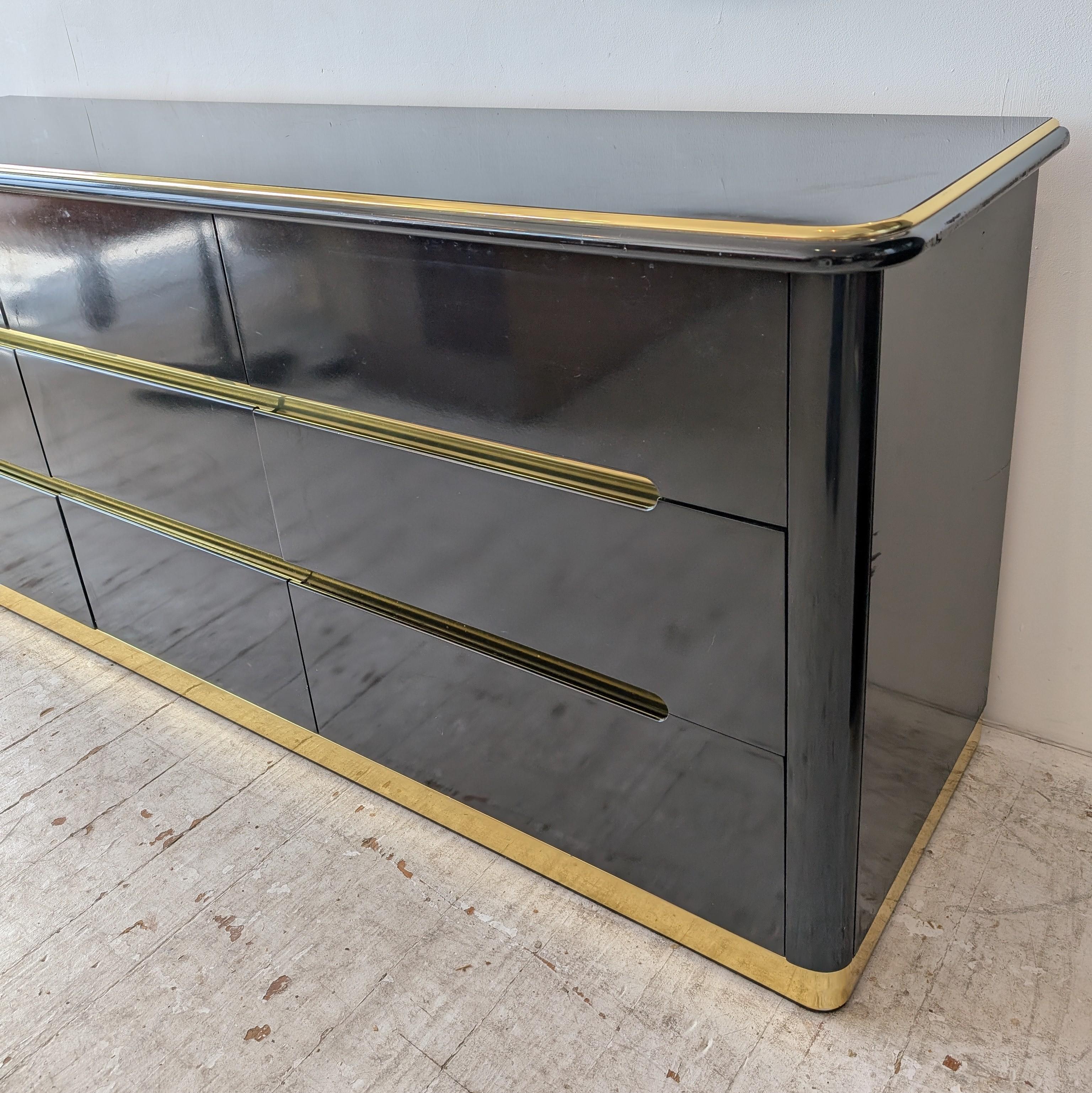 Vintage black lacquer & gold deco revival sideboard with drawers, by Lane, 1980s 5