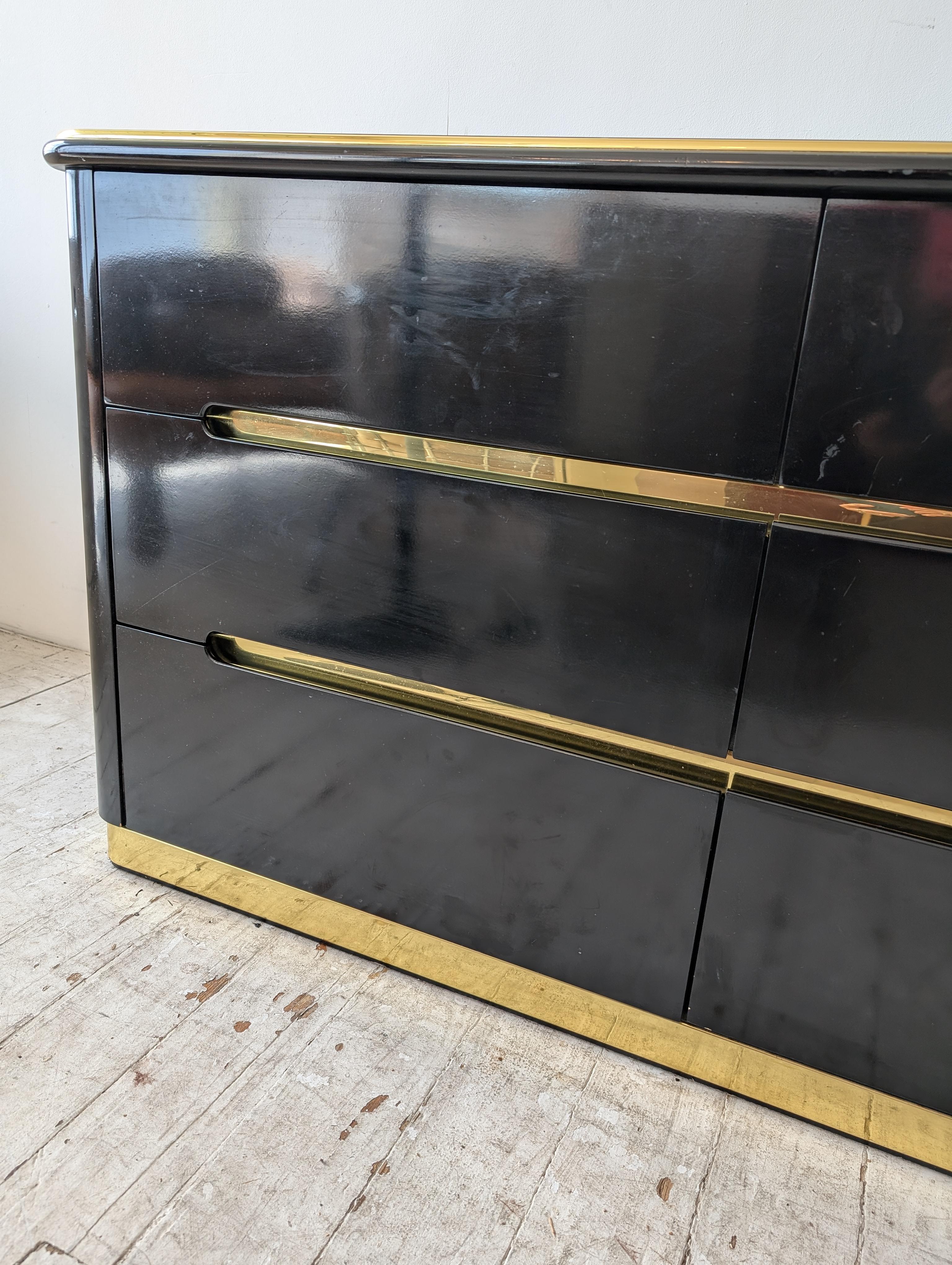 Vintage black lacquer & gold deco revival sideboard with drawers, by Lane, 1980s 6