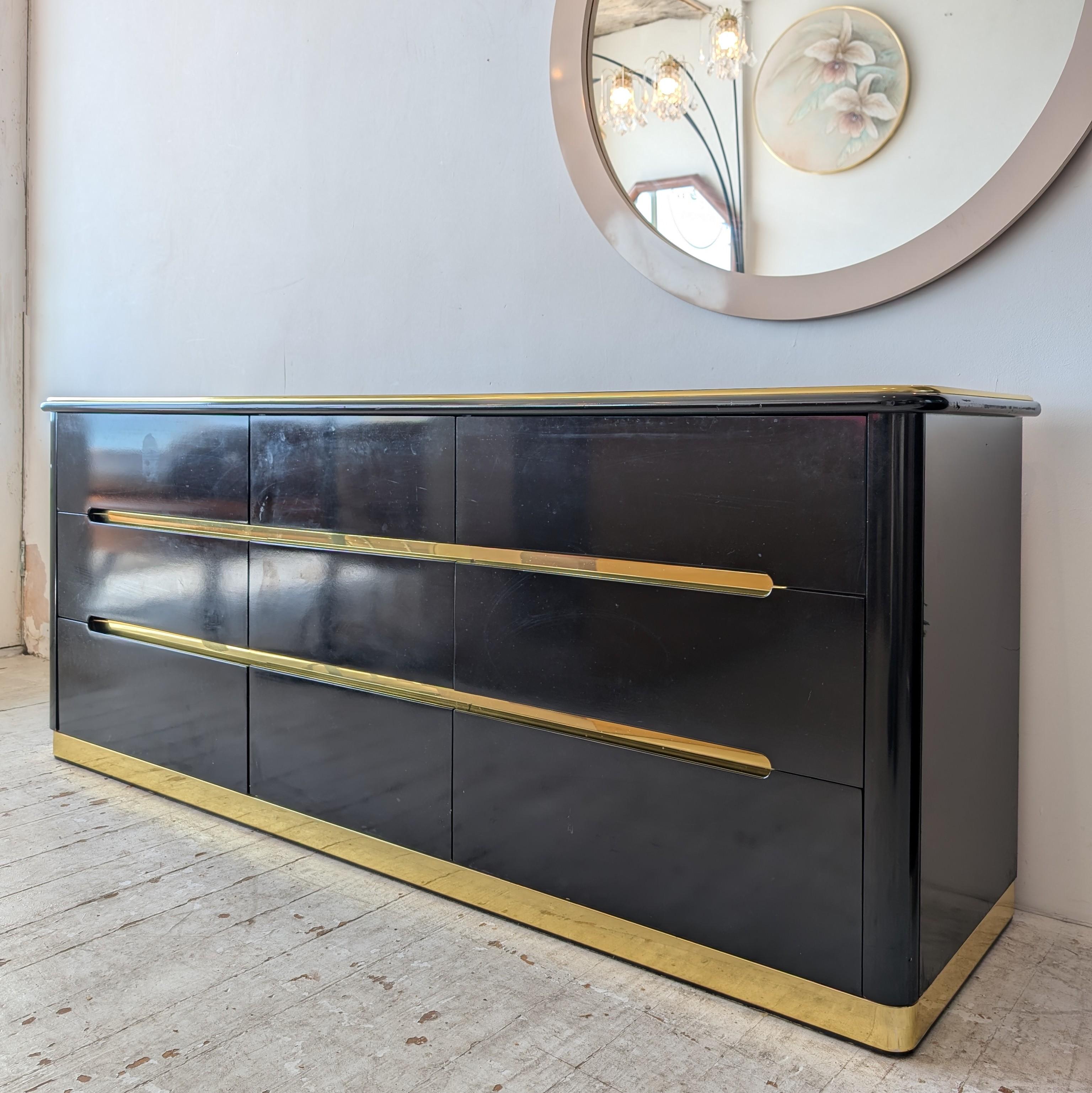 Art Deco Vintage black lacquer & gold deco revival sideboard with drawers, by Lane, 1980s