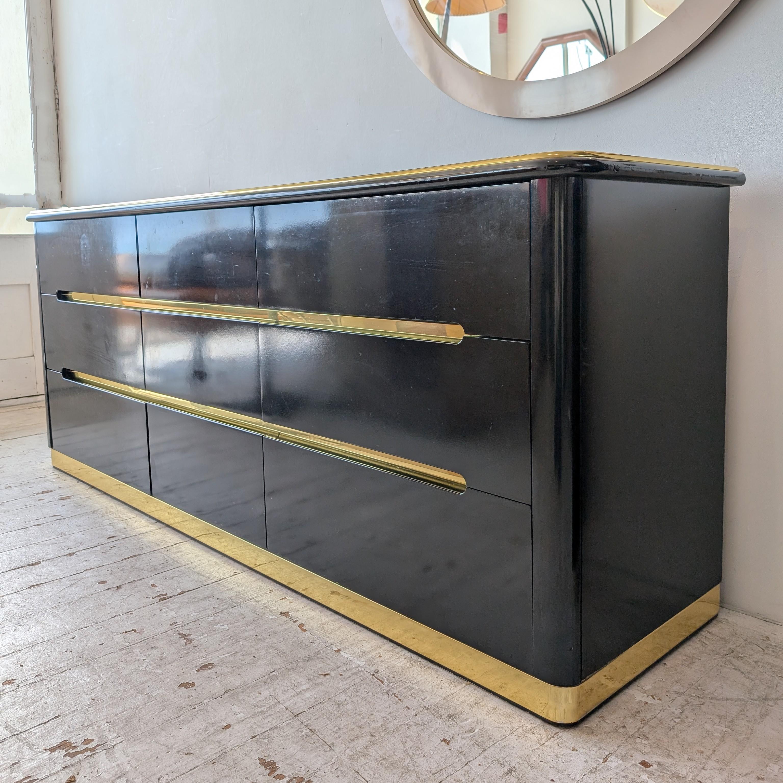 American Vintage black lacquer & gold deco revival sideboard with drawers, by Lane, 1980s