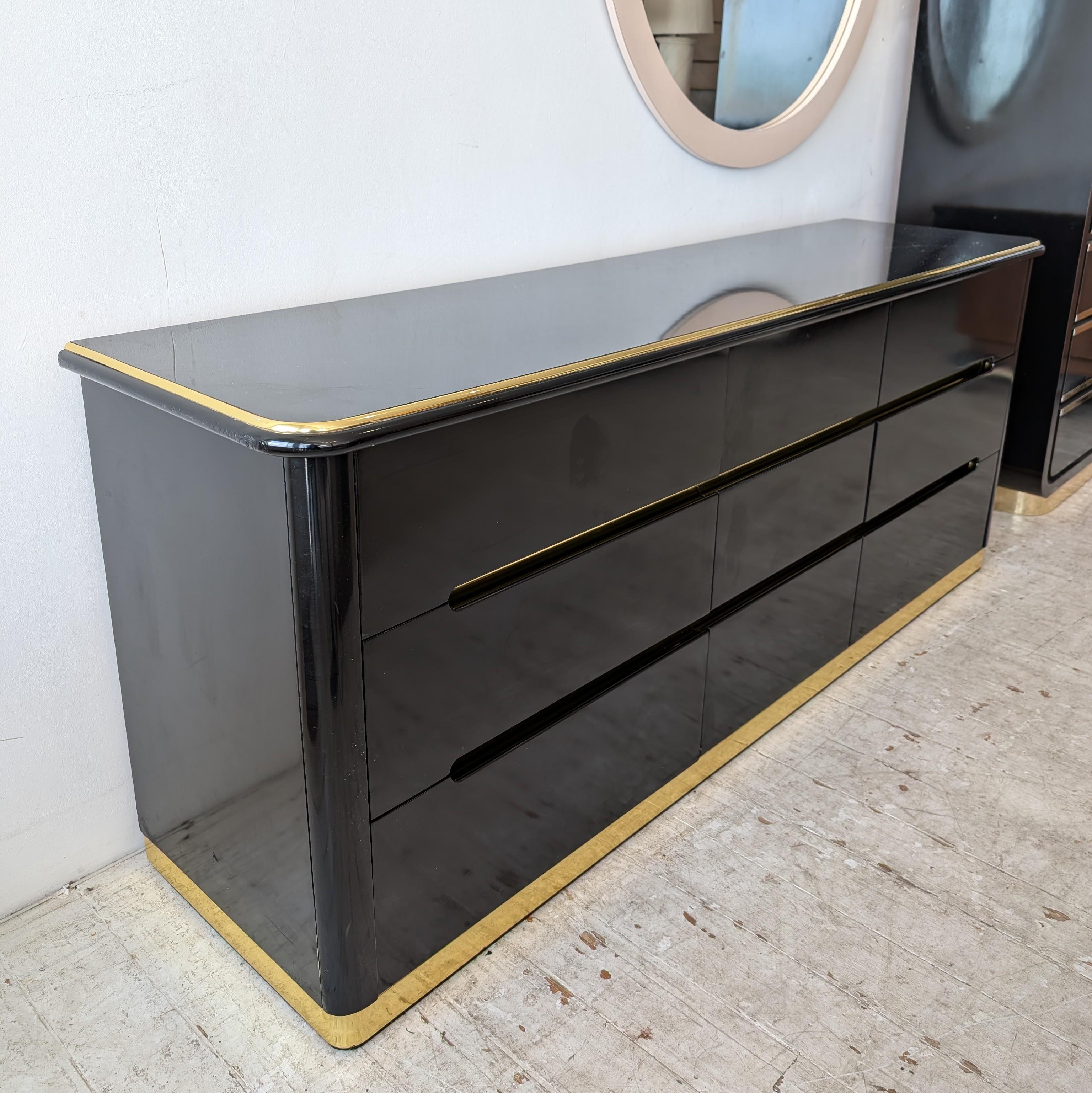 20th Century Vintage black lacquer & gold deco revival sideboard with drawers, by Lane, 1980s