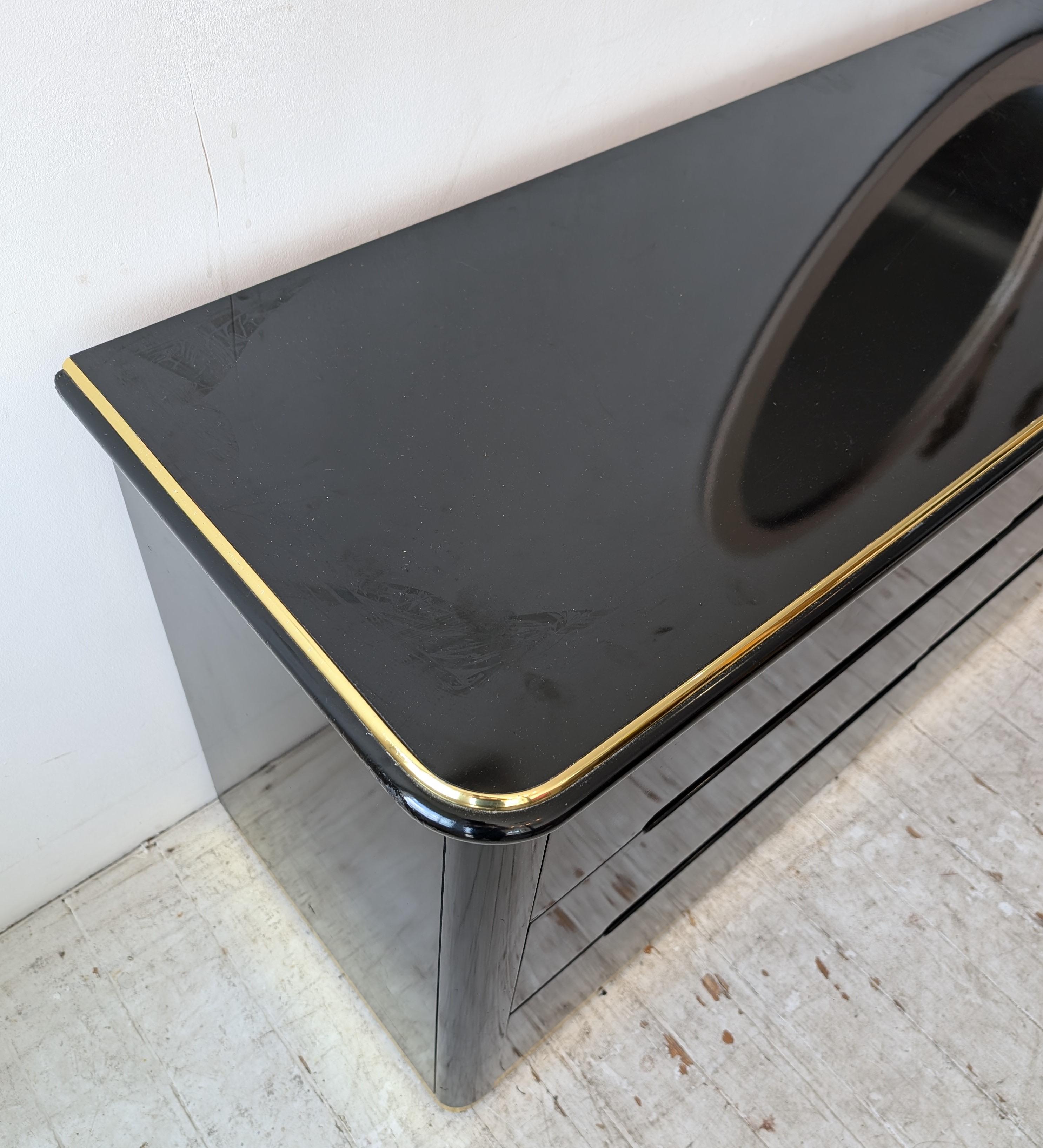 Metal Vintage black lacquer & gold deco revival sideboard with drawers, by Lane, 1980s