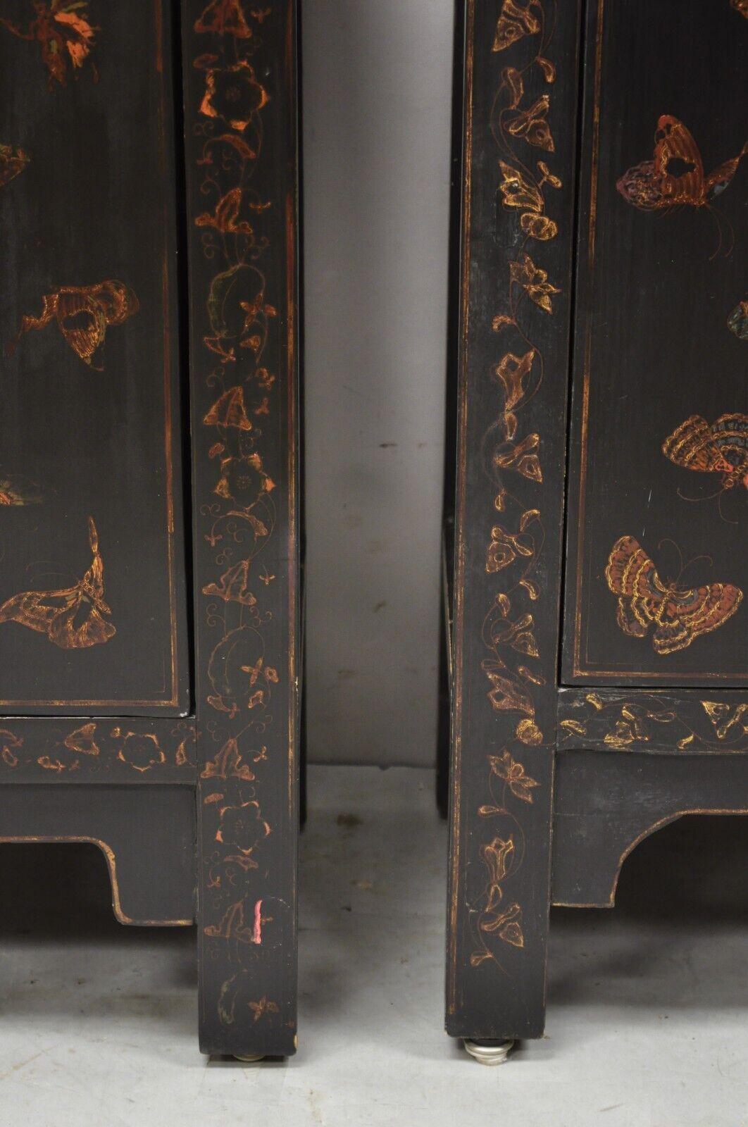 Vintage Black Lacquer Hand Painted Butterfly Chinese Oriental Cabinets, Pair 2