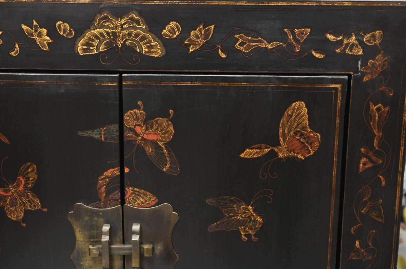 Vintage Black Lacquer Hand Painted Butterfly Chinese Oriental Cabinets, Pair 3