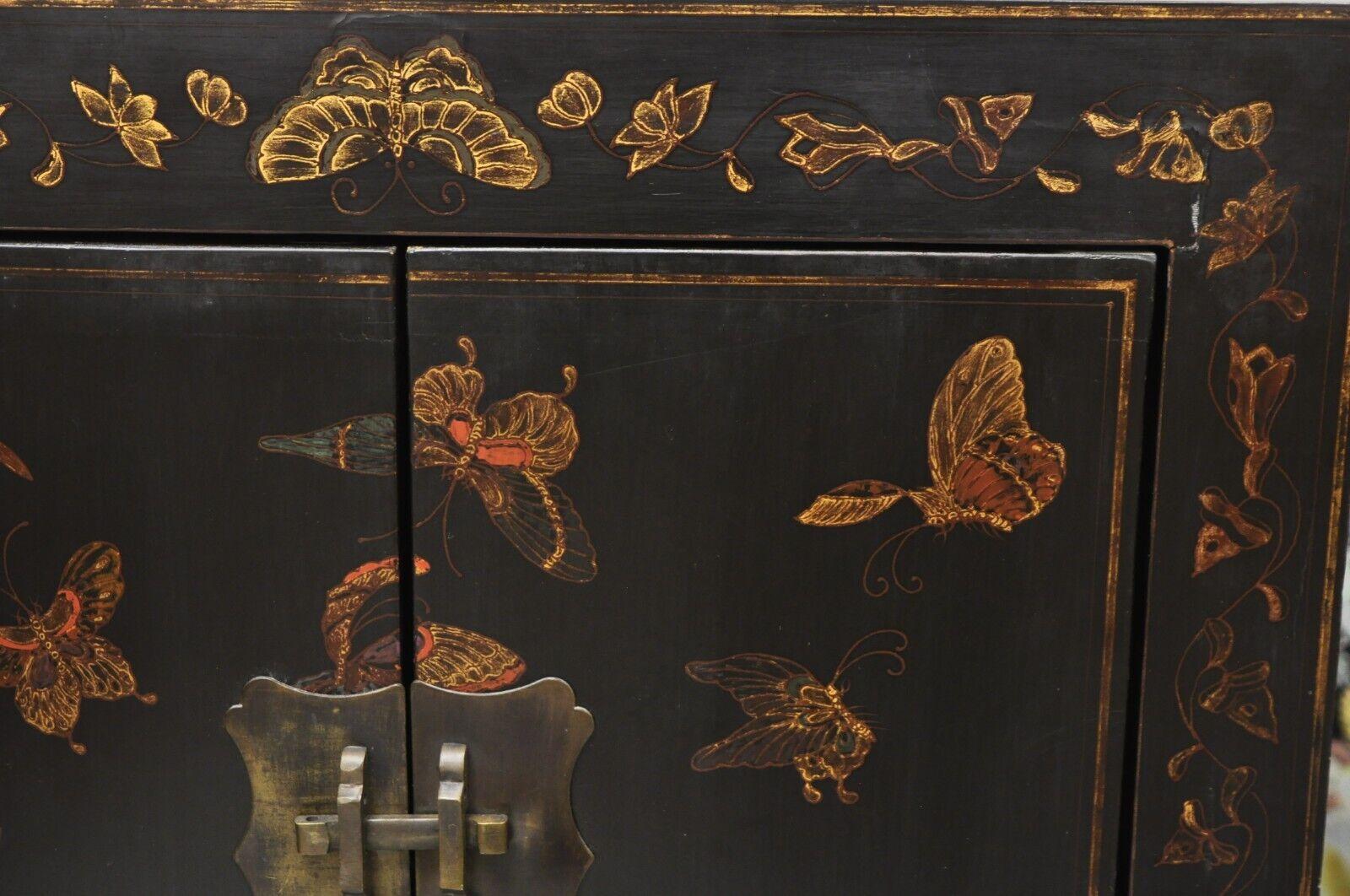 Vintage Black Lacquer Hand Painted Butterfly Chinese Oriental