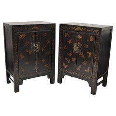 Vintage Black Lacquer Hand Painted Butterfly Chinese Oriental Cabinets, Pair