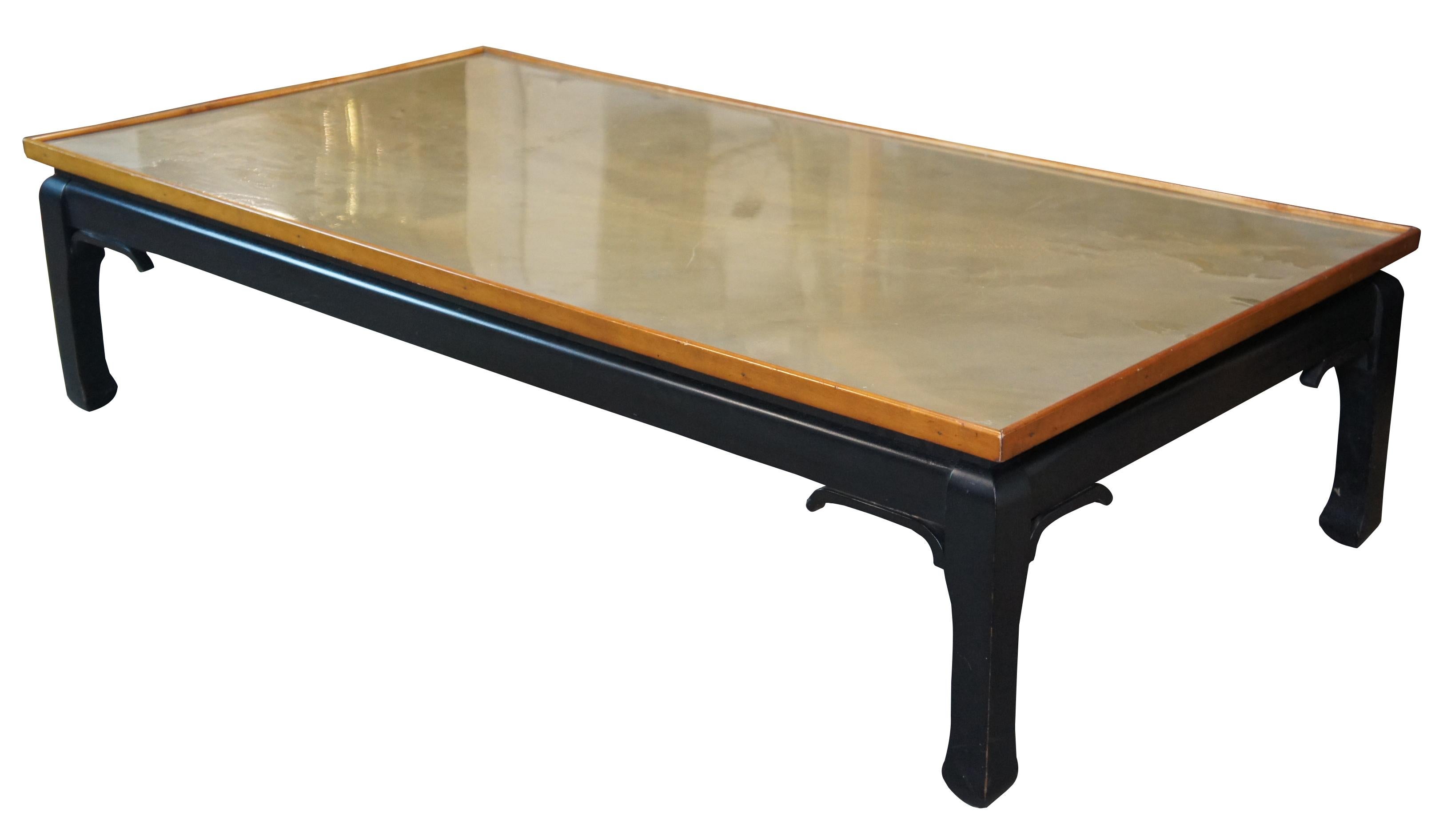 Vintage Black Lacquer Ming James Mont Style Coffee Table Marbled Chinoiserie In Good Condition In Dayton, OH