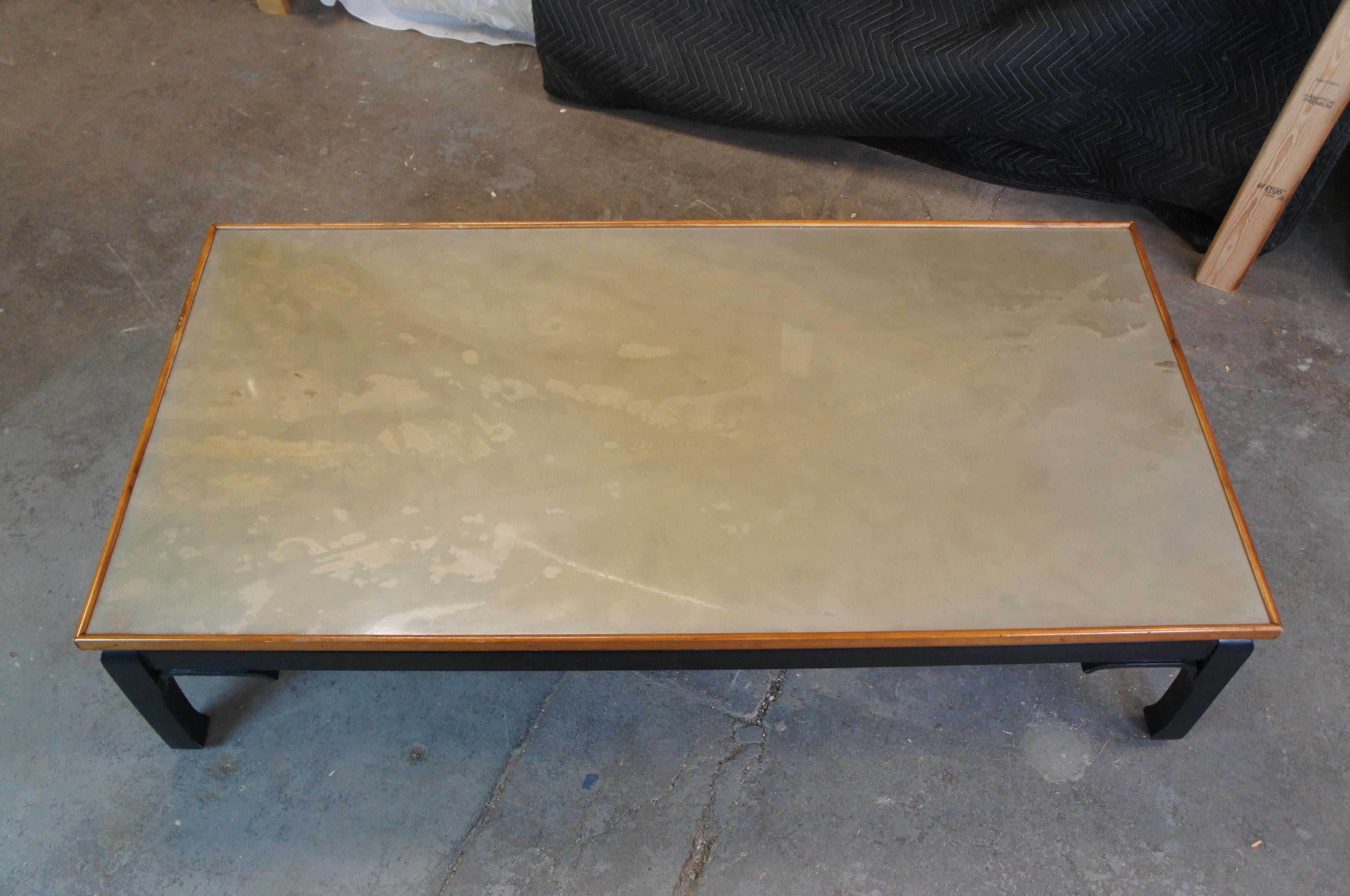 20th Century Vintage Black Lacquer Ming James Mont Style Coffee Table Marbled Chinoiserie