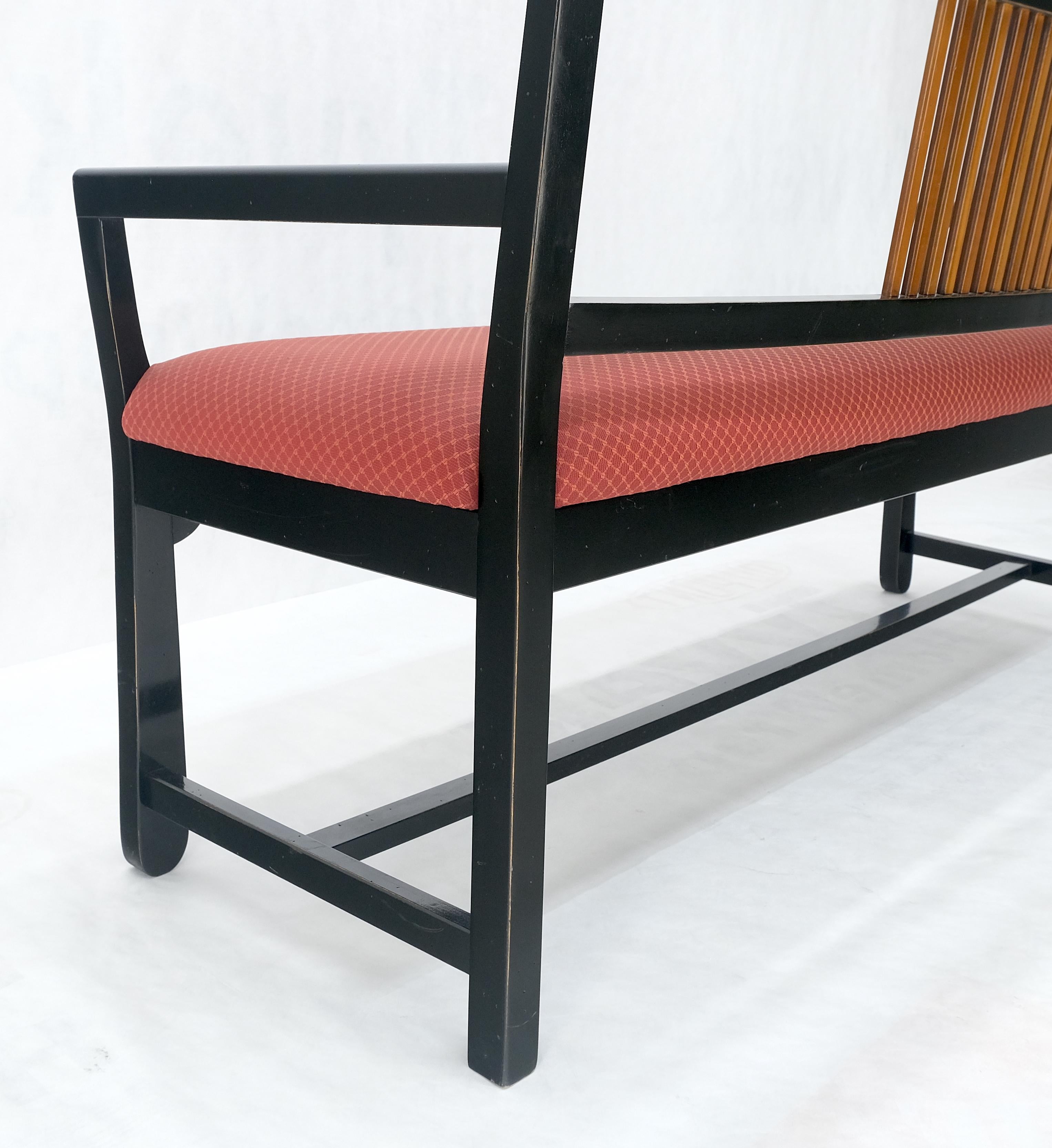 Mid-Century Modern Vintage Black Lacquer Red Upholstery Bench w/ Arms Slotted Back MINT For Sale