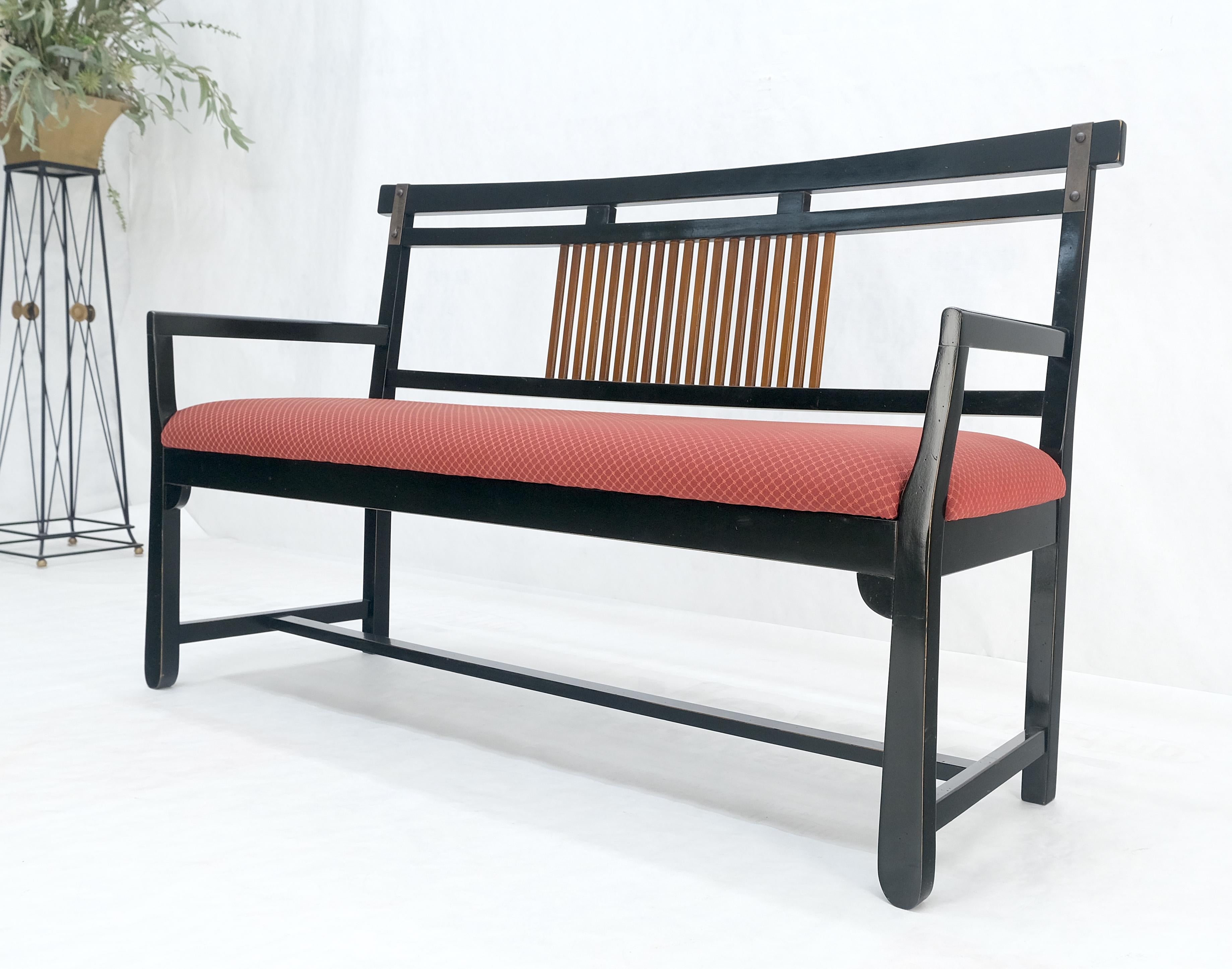 20th Century Vintage Black Lacquer Red Upholstery Bench w/ Arms Slotted Back MINT For Sale