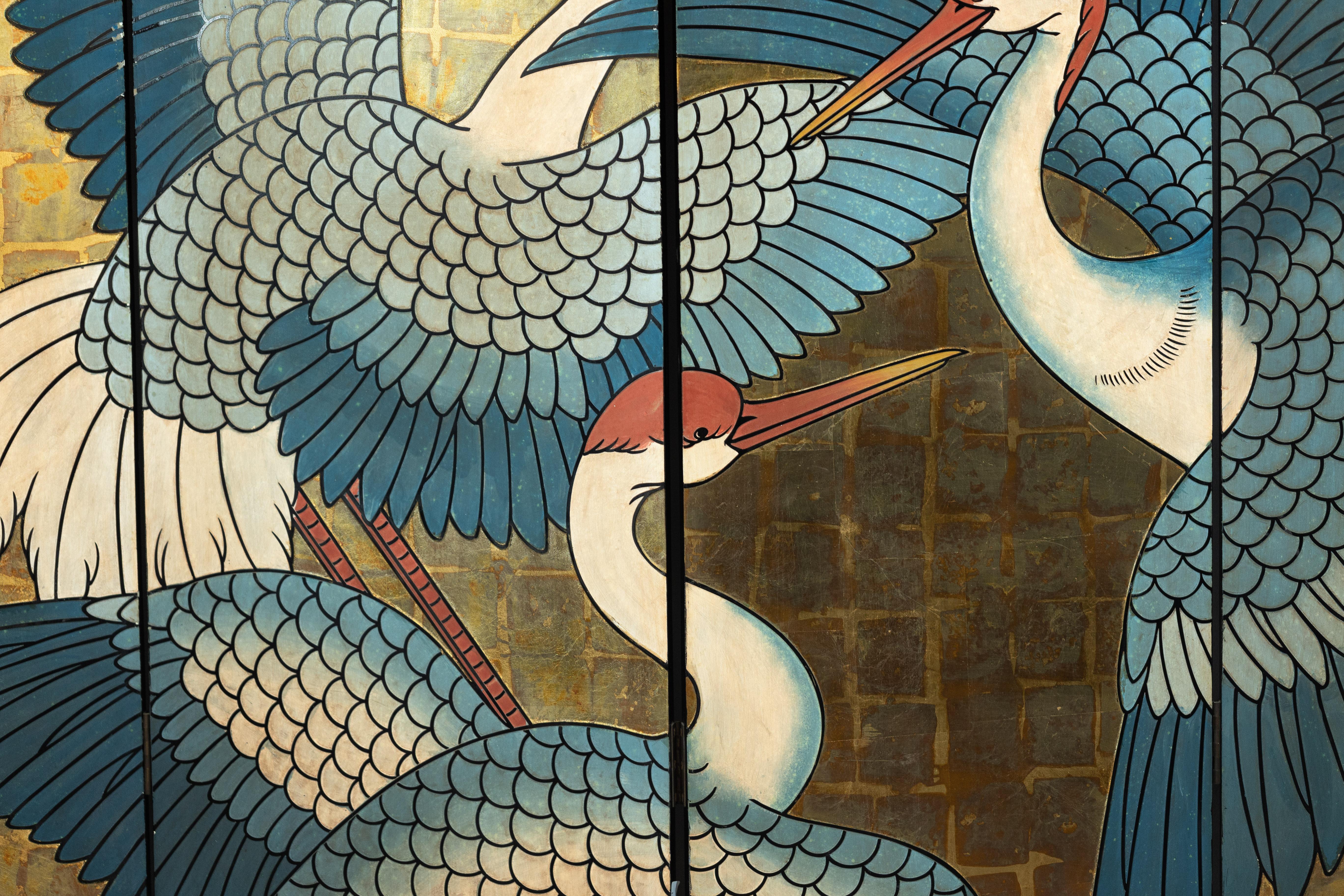 Black Lacquer Screen with Cranes and Gold Leaf, Four-Panel Room Divider For Sale 4