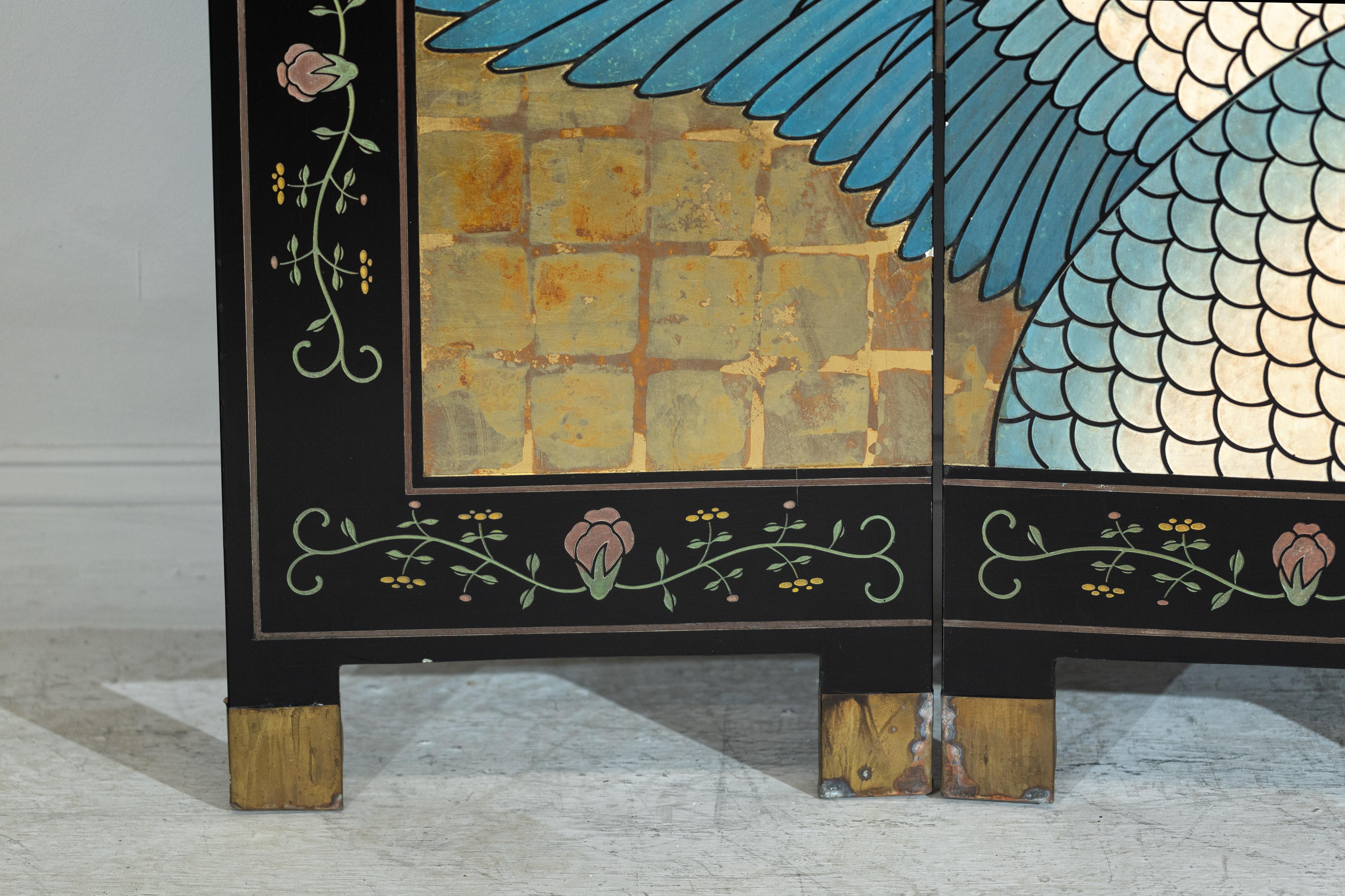Black Lacquer Screen with Cranes and Gold Leaf, Four-Panel Room Divider For Sale 6