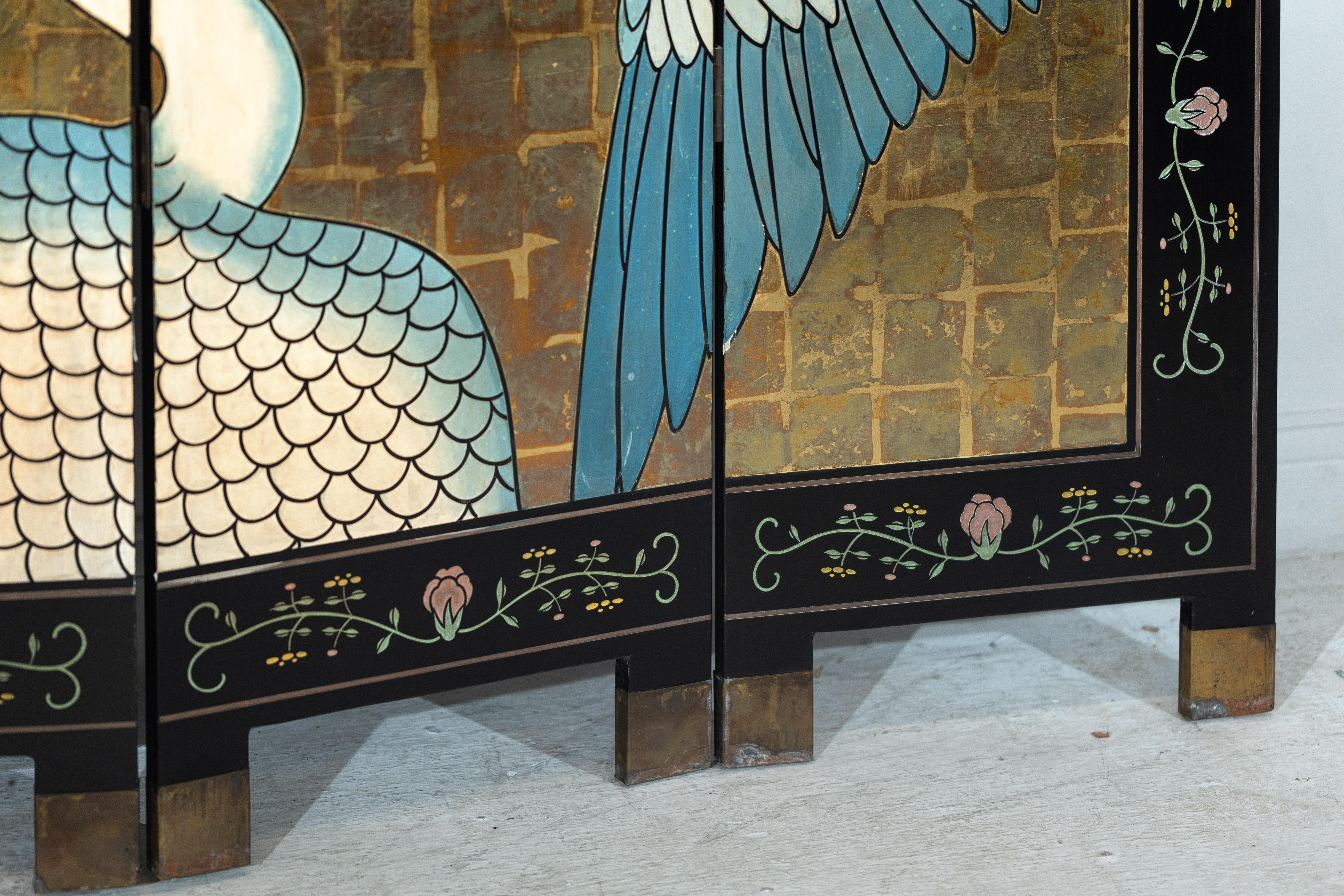 Black Lacquer Screen with Cranes and Gold Leaf, Four-Panel Room Divider For Sale 7