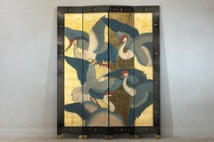 Black Lacquer Screen with Cranes and Gold Leaf, Four-Panel Room Divider