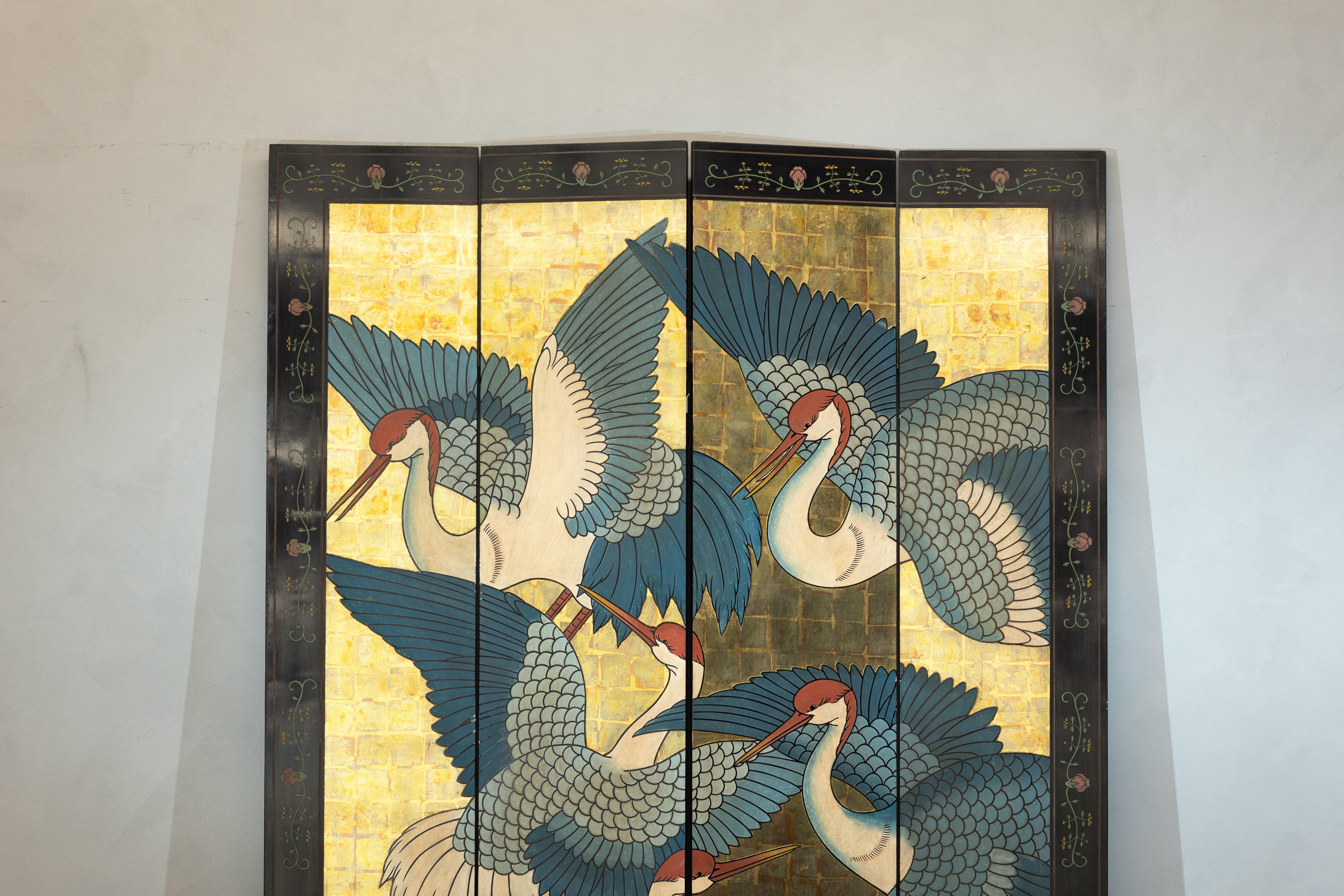 Chinese Black Lacquer Screen with Cranes and Gold Leaf, Four-Panel Room Divider For Sale