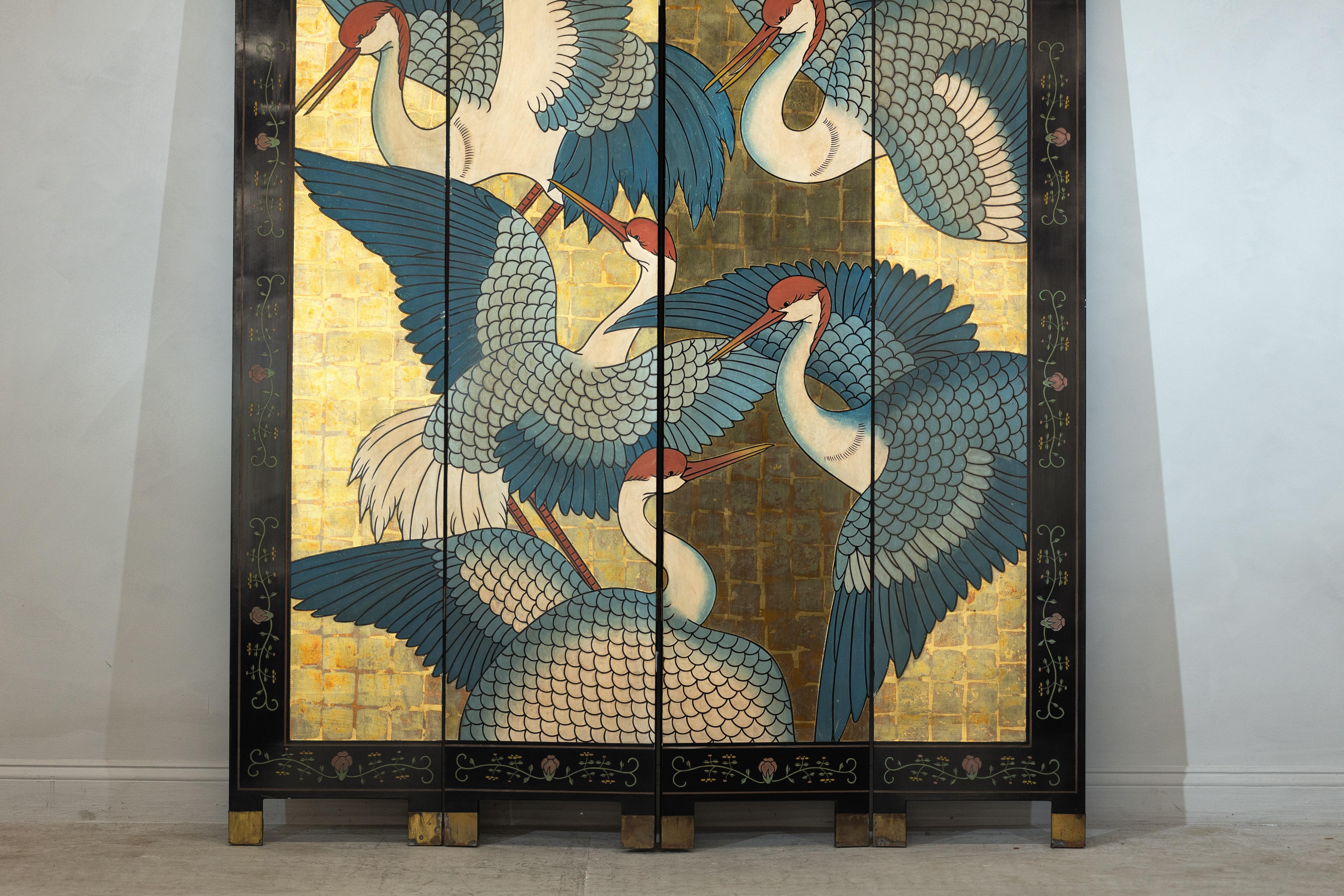 Gilt Black Lacquer Screen with Cranes and Gold Leaf, Four-Panel Room Divider For Sale