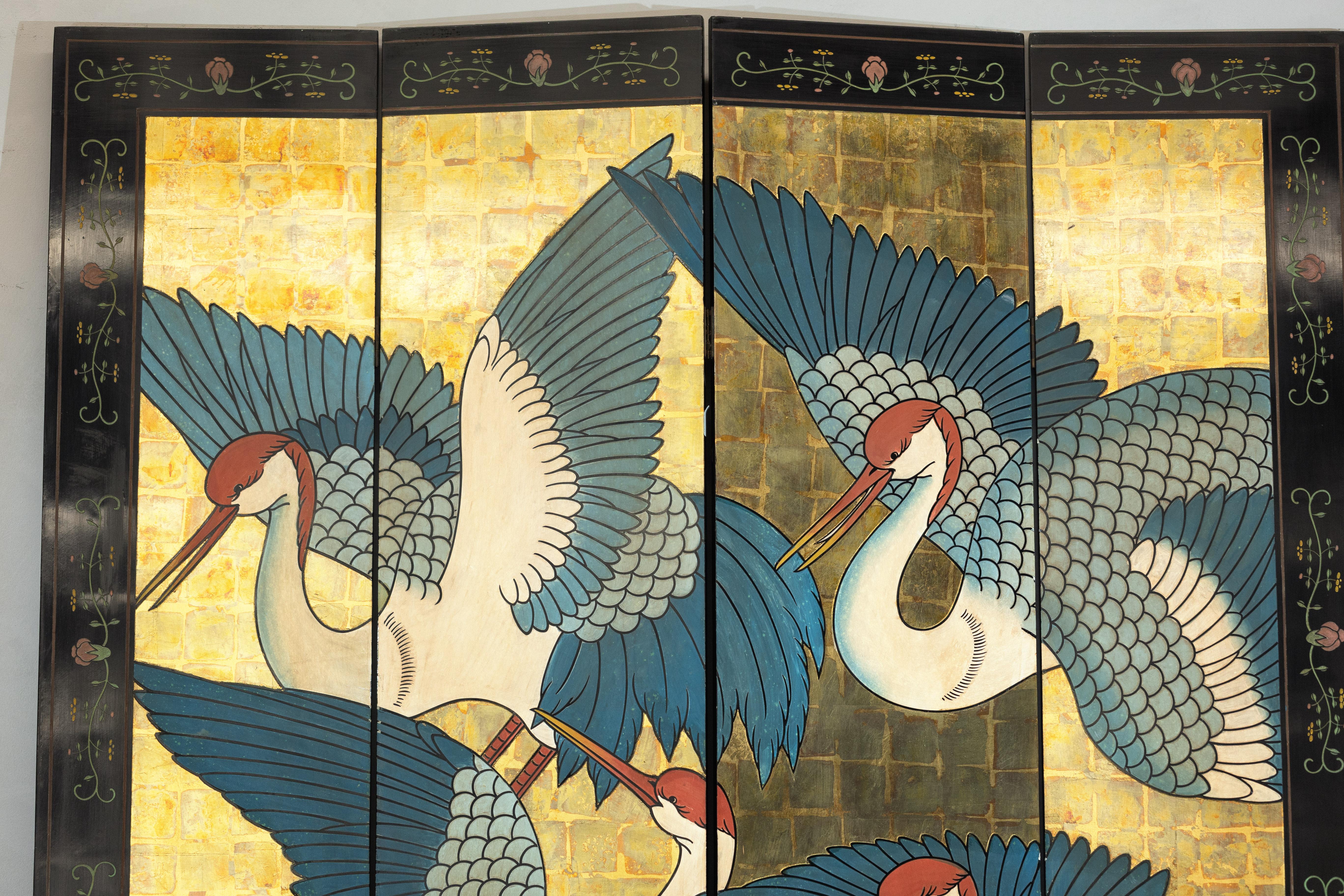 Black Lacquer Screen with Cranes and Gold Leaf, Four-Panel Room Divider In Good Condition For Sale In Yonkers, NY