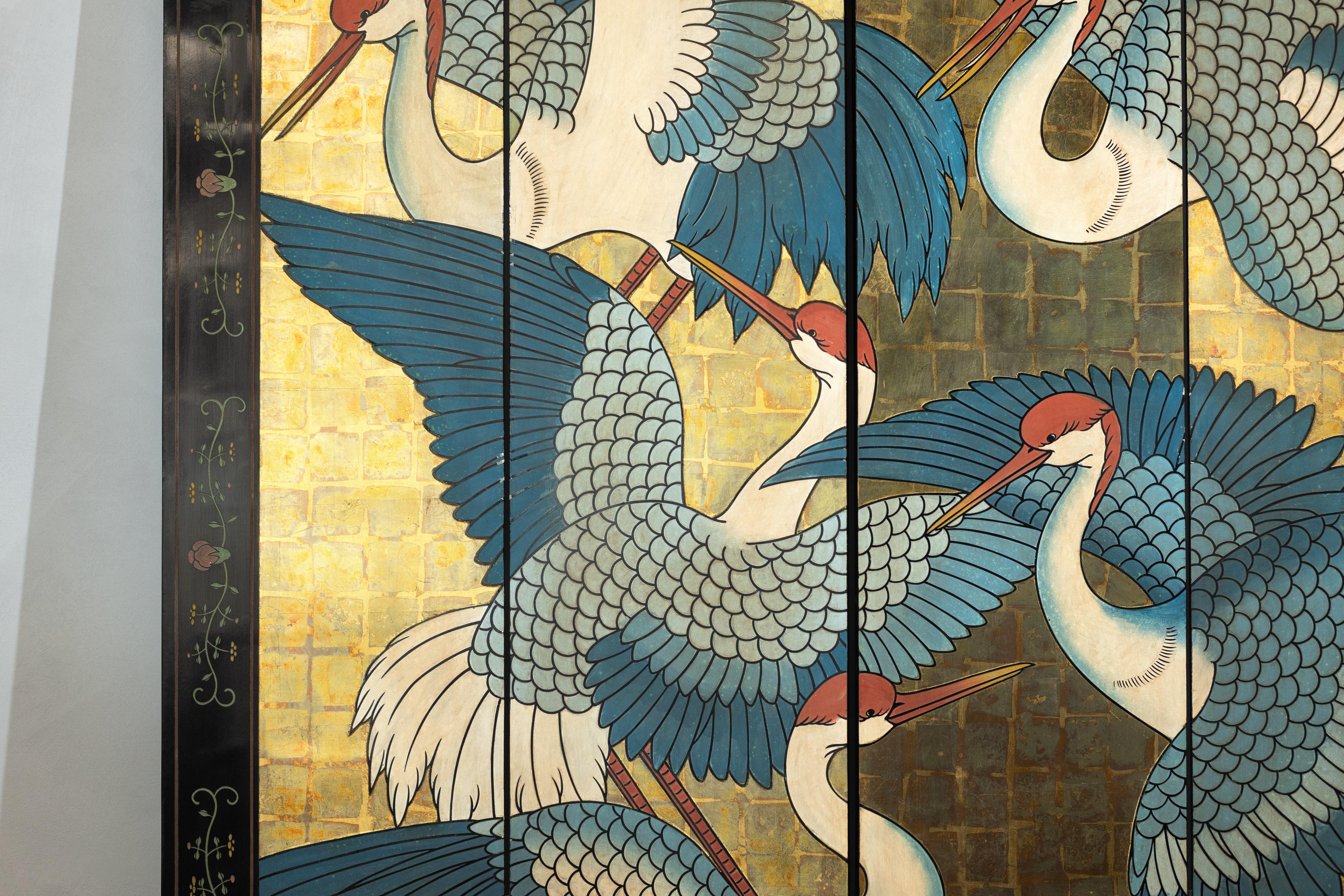 20th Century Black Lacquer Screen with Cranes and Gold Leaf, Four-Panel Room Divider For Sale