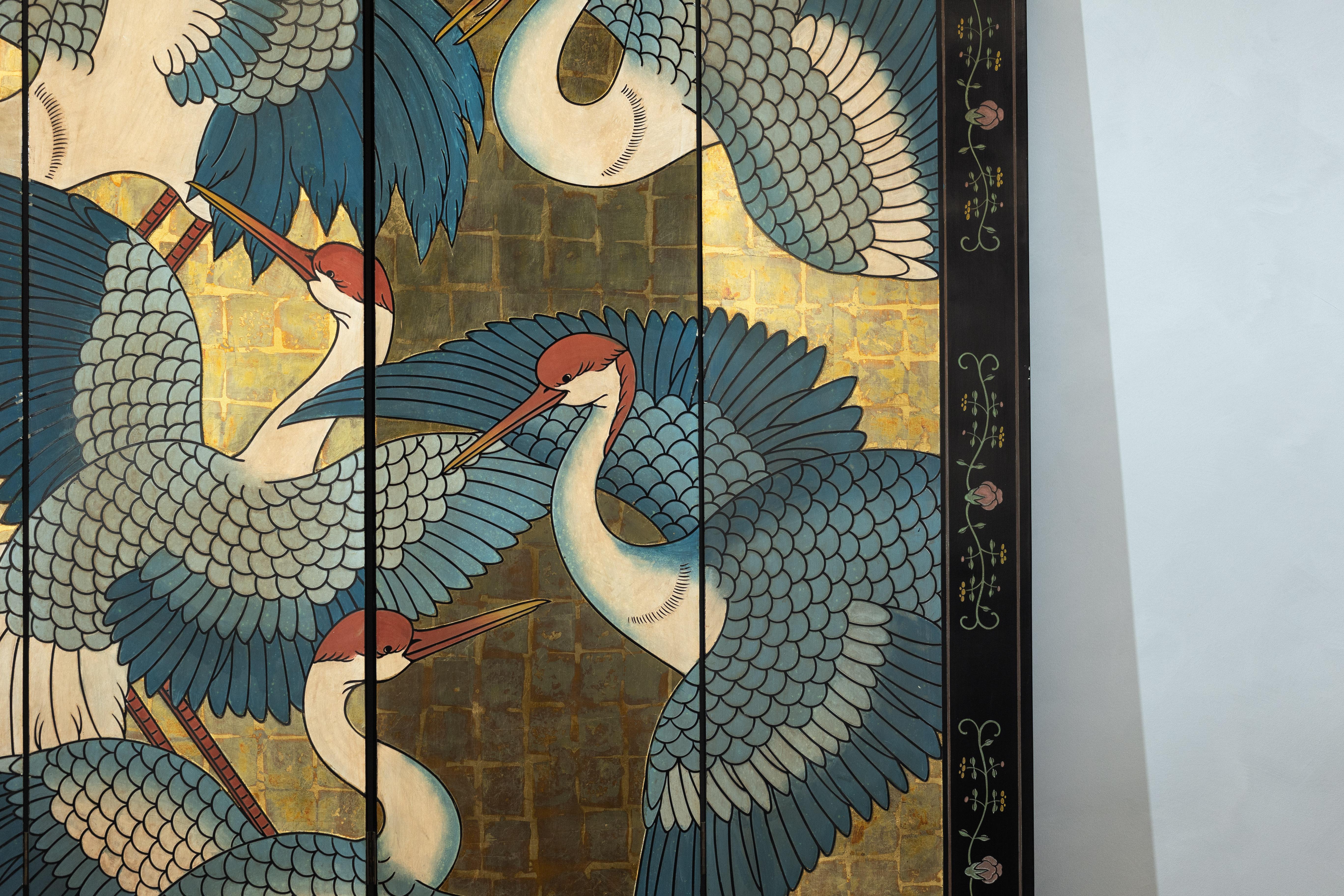 Wood Black Lacquer Screen with Cranes and Gold Leaf, Four-Panel Room Divider For Sale