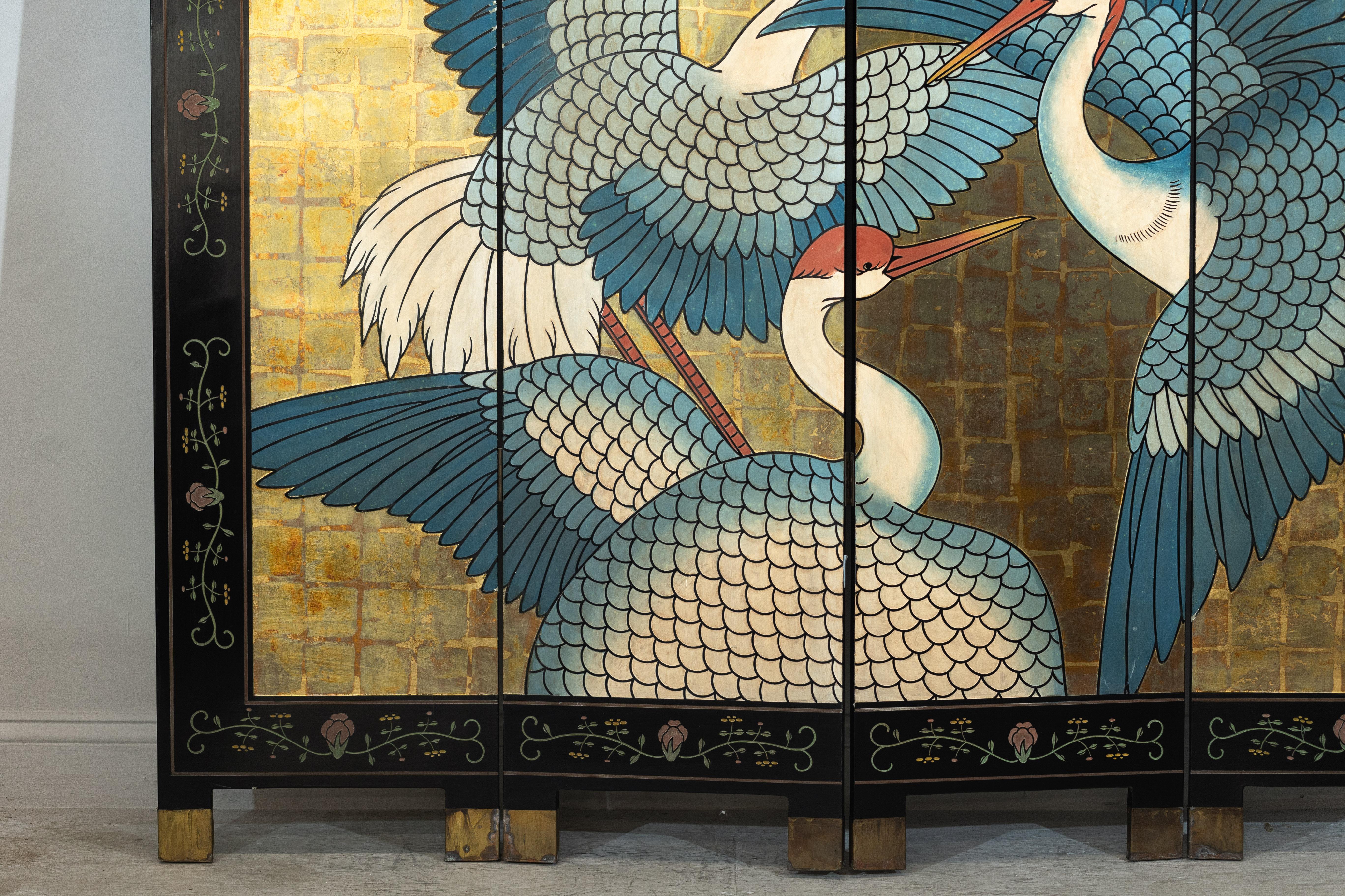 Black Lacquer Screen with Cranes and Gold Leaf, Four-Panel Room Divider For Sale 1