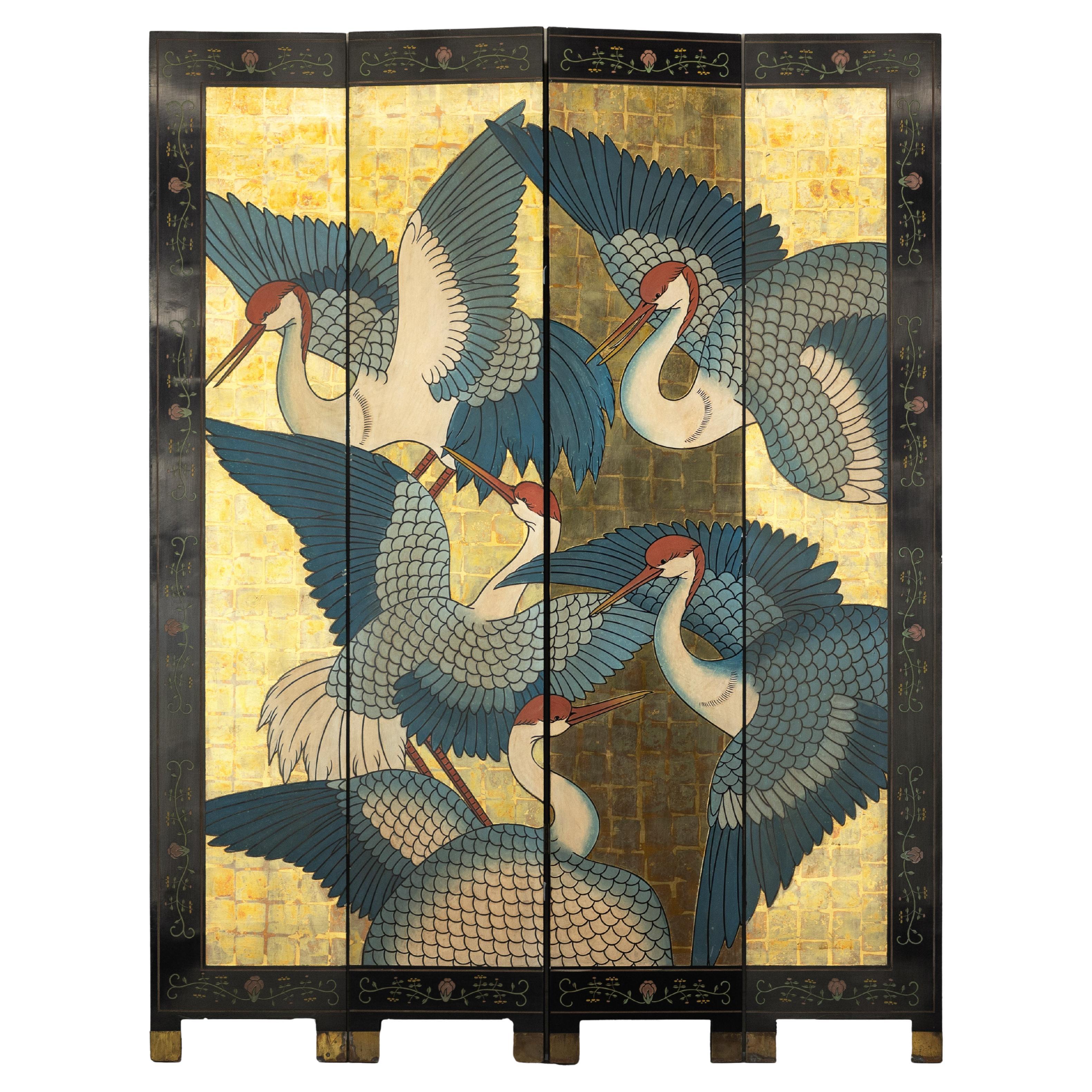 Black Lacquer Screen with Cranes and Gold Leaf, Four-Panel Room Divider