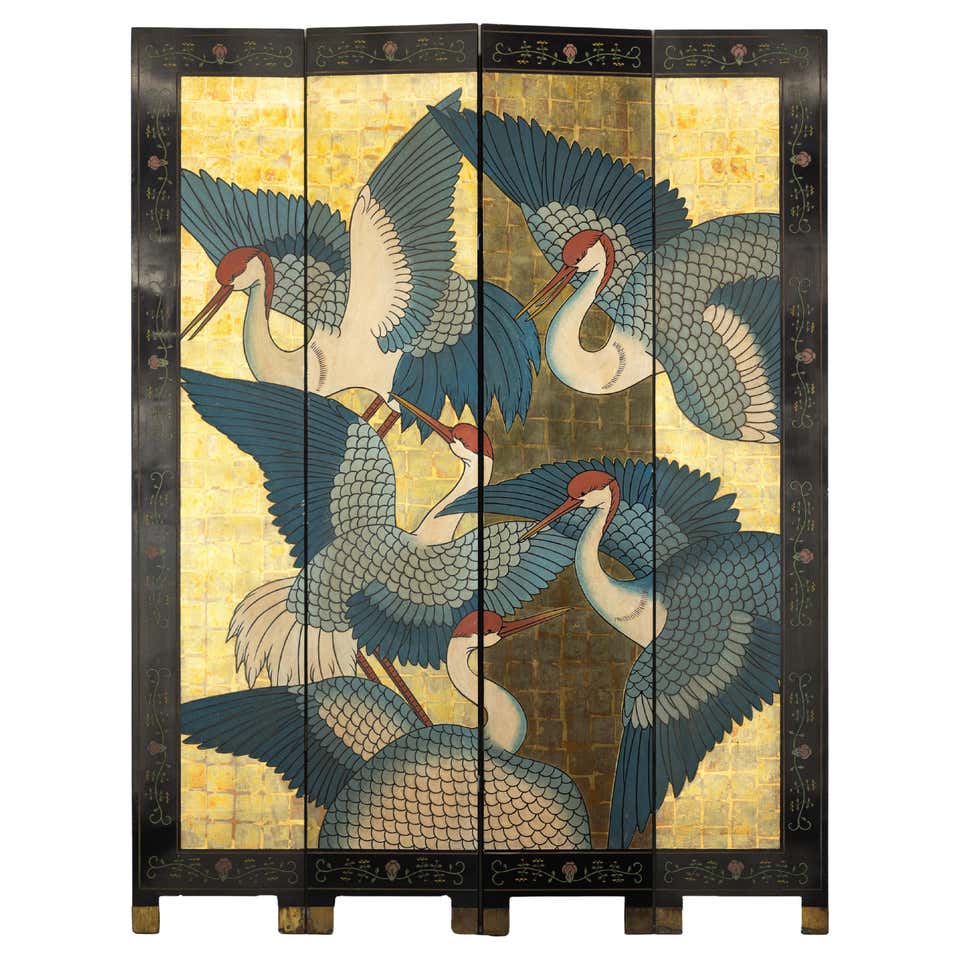 Screen Laquer Decorative Japanese Six-Panel Lacquer Screen with Hand-Painted Cranes ...