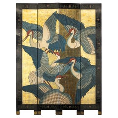 Black Lacquer Screen with Cranes and Gold Leaf, Four-Panel Room Divider