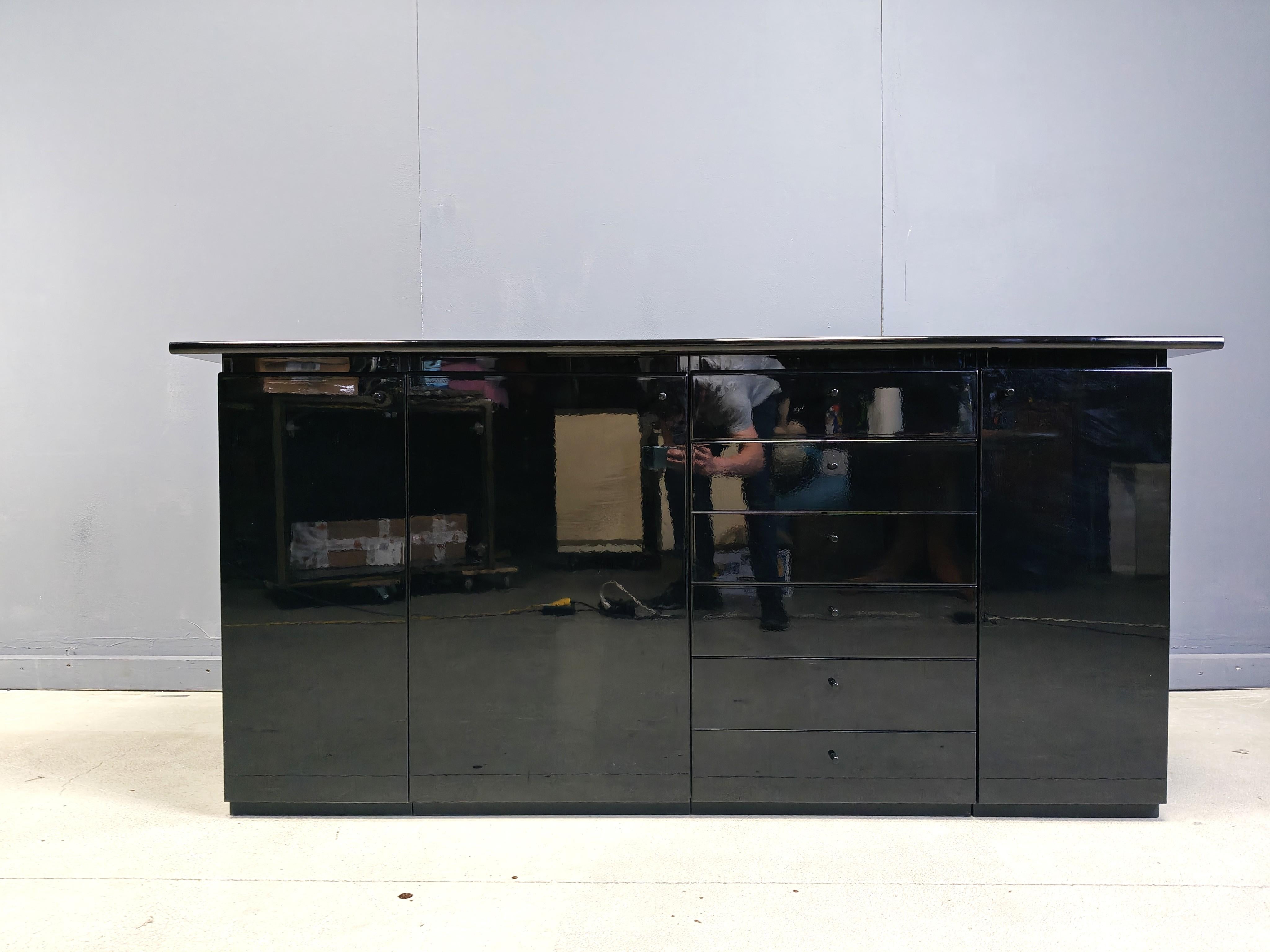 Lacquer Vintage black lacquer sideboard, 1970s For Sale
