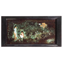 Vintage Black Lacquer Tray with Hand Painted Scene